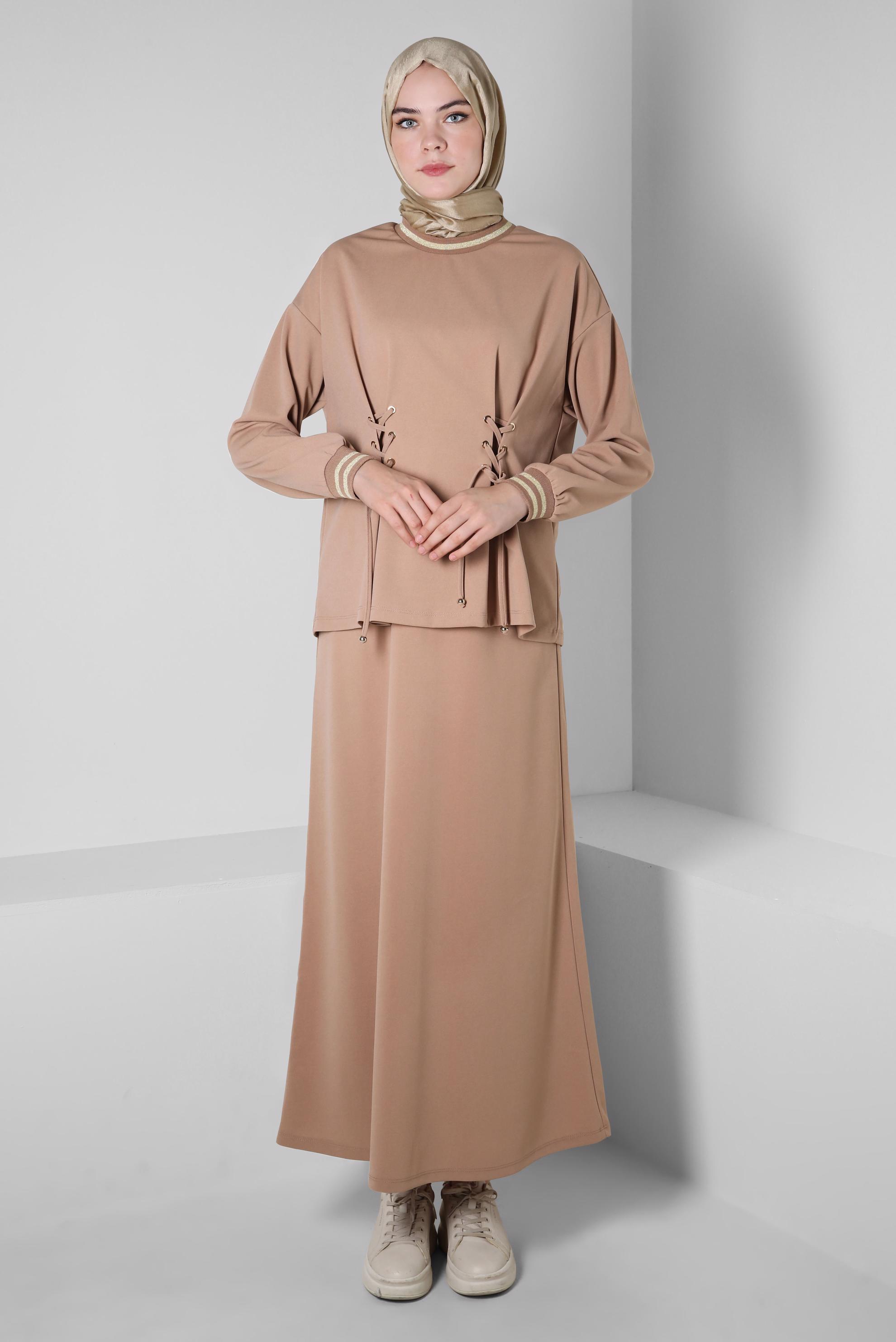 Hijab clothing BEIGE EYELET DETAIL SKIRTED SUIT 44158