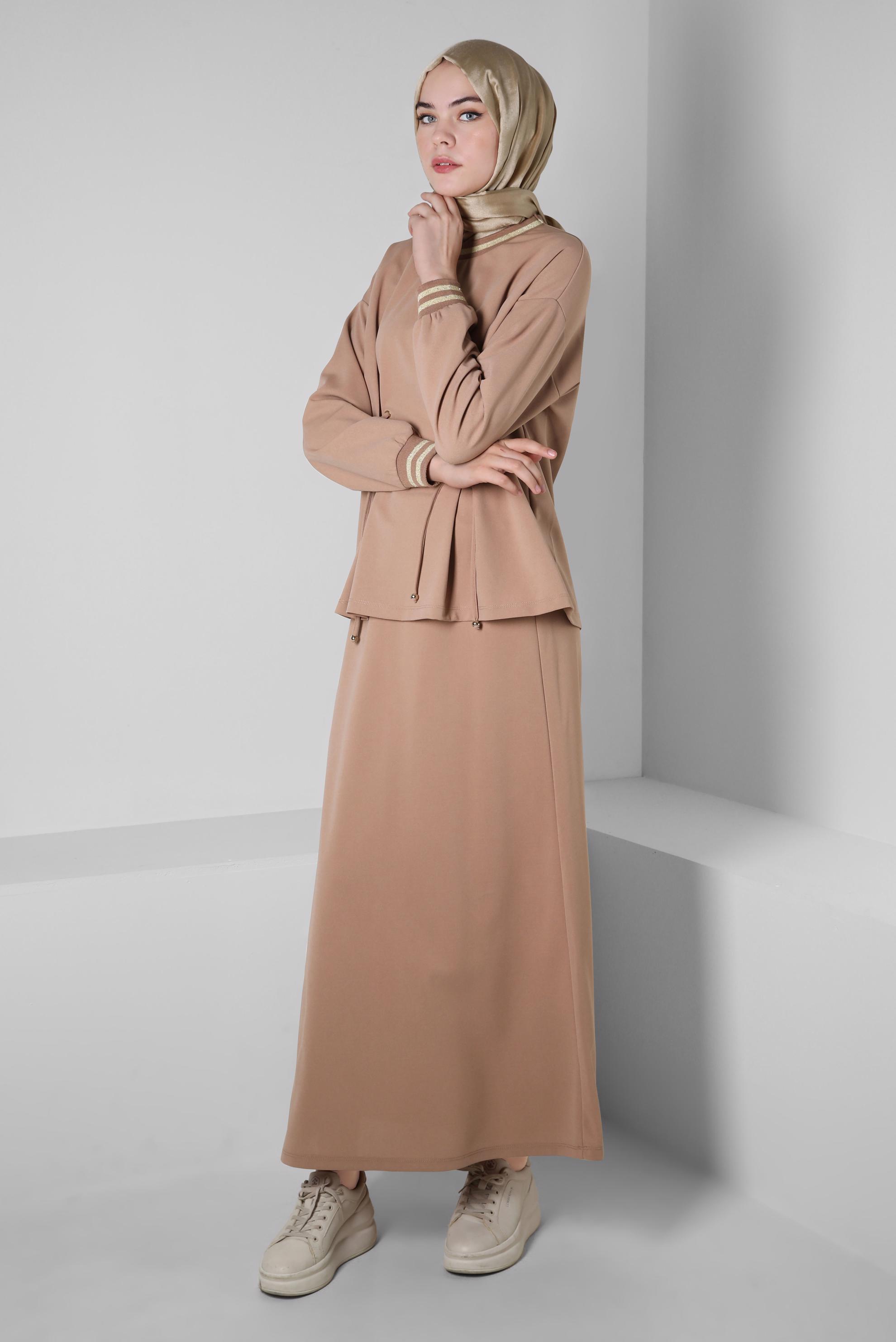 Hijab clothing BEIGE EYELET DETAIL SKIRTED SUIT 44158