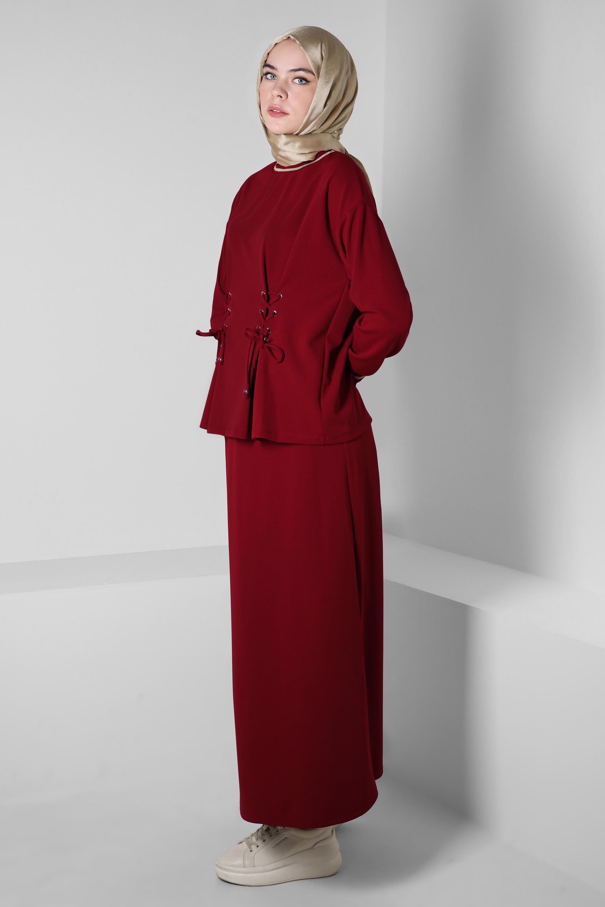 Hijab clothing RED EYELET DETAIL SKIRTED SUIT 44158