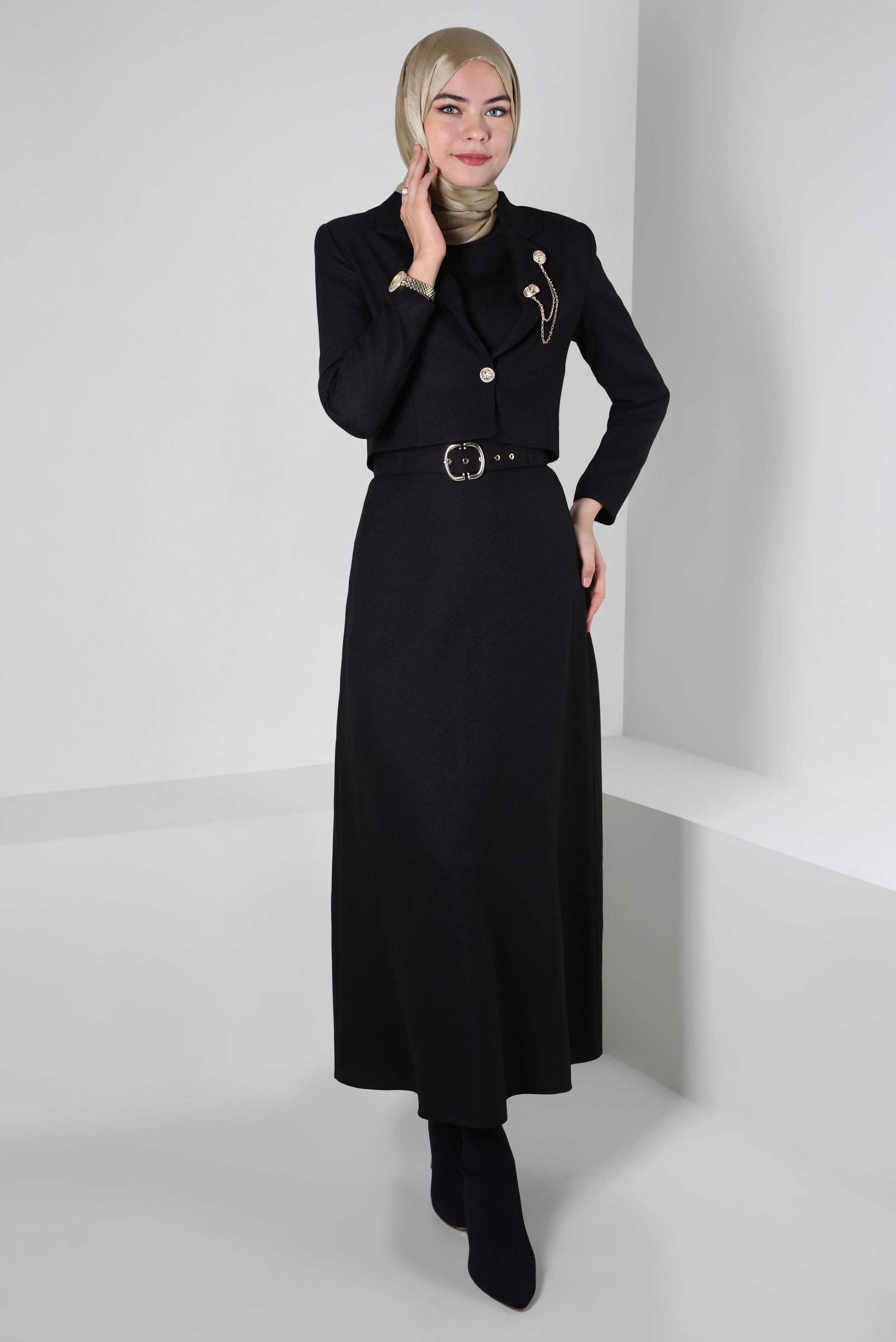 Tesettür giyim SİYAH AKSESUAR DETAYLI ETEKLİ TAKIM 44159
