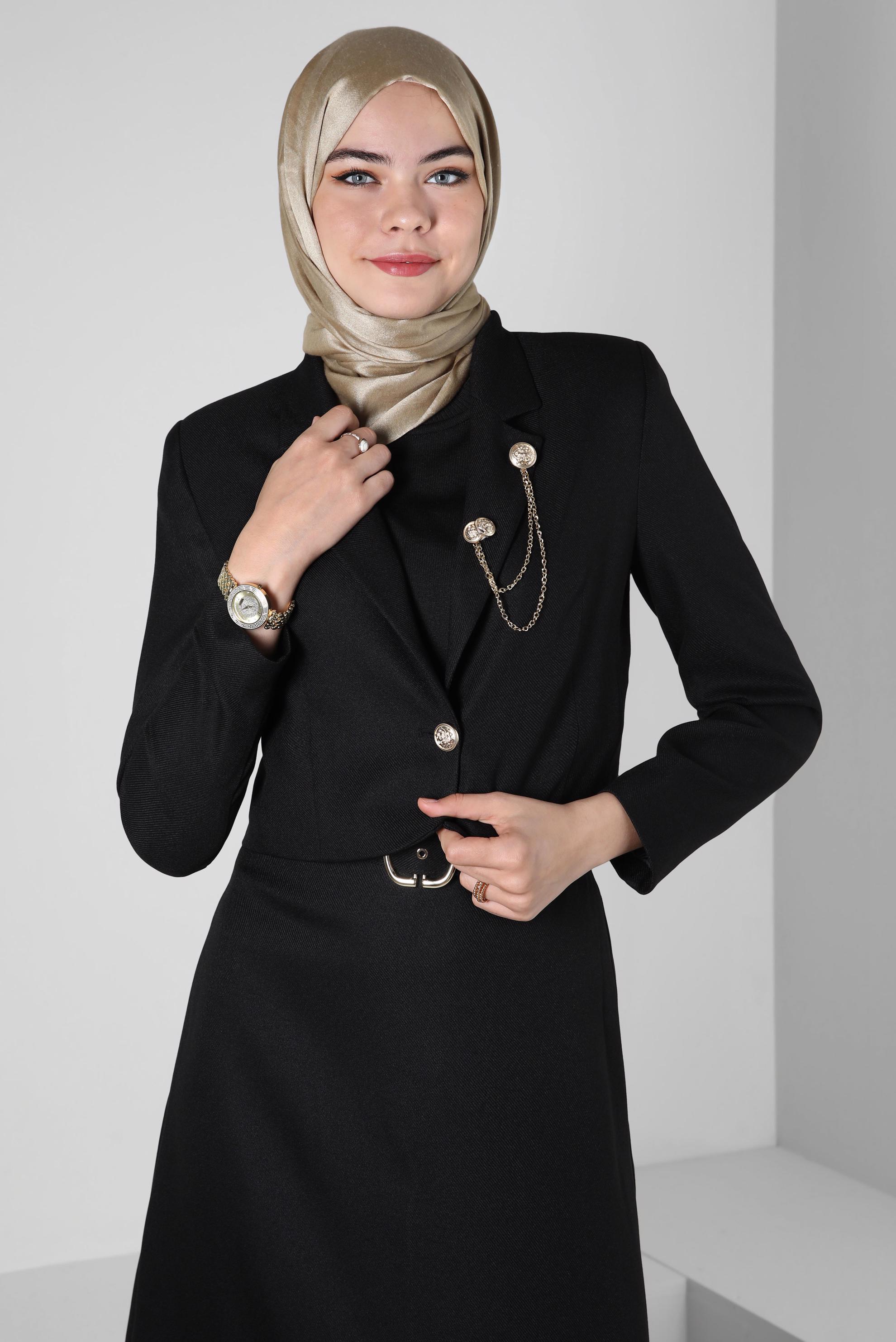 Tesettür giyim SİYAH AKSESUAR DETAYLI ETEKLİ TAKIM 44159