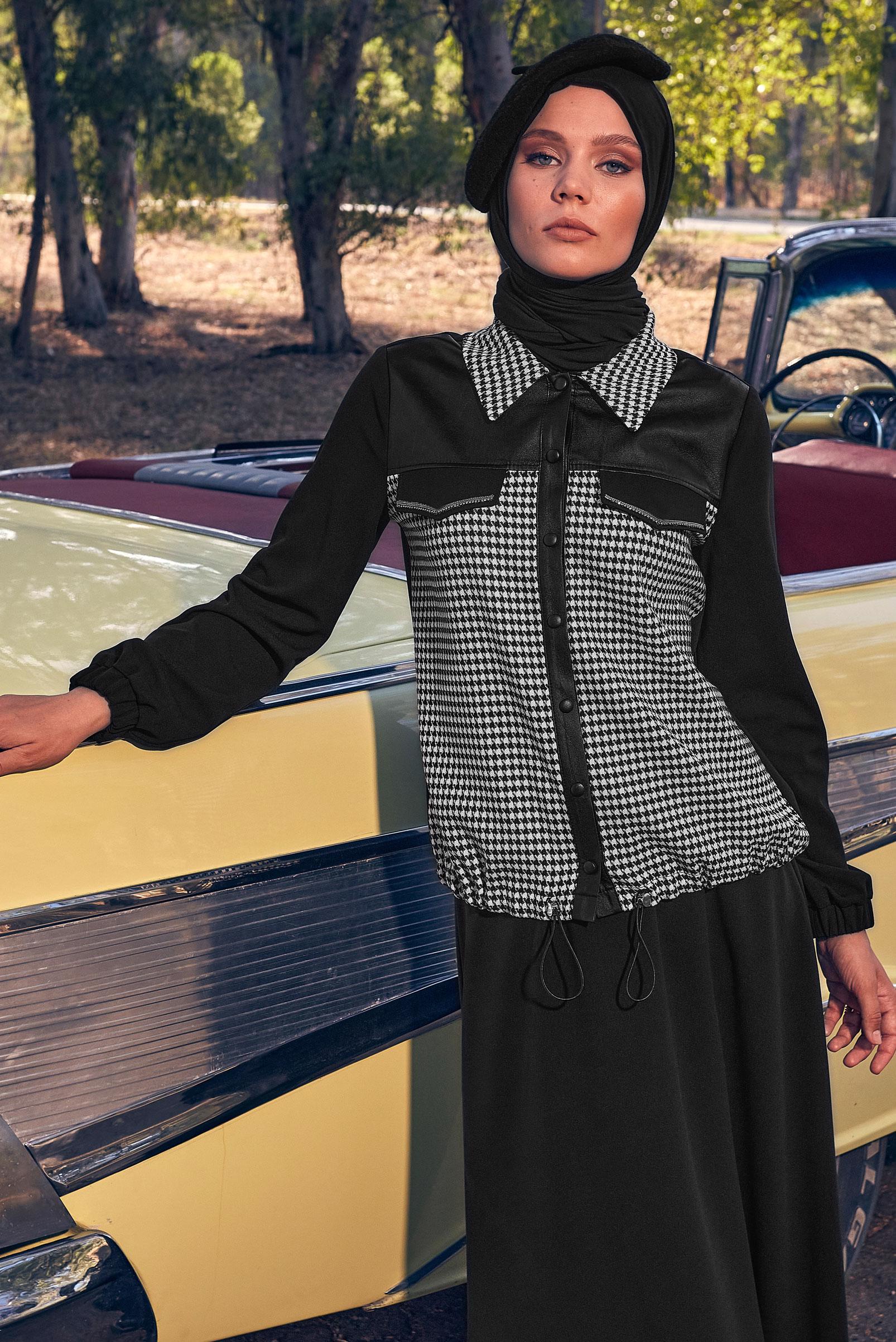 Tesettür giyim SİYAH KAZAYAĞI DESENLİ ETEKLİ TAKIM 44184