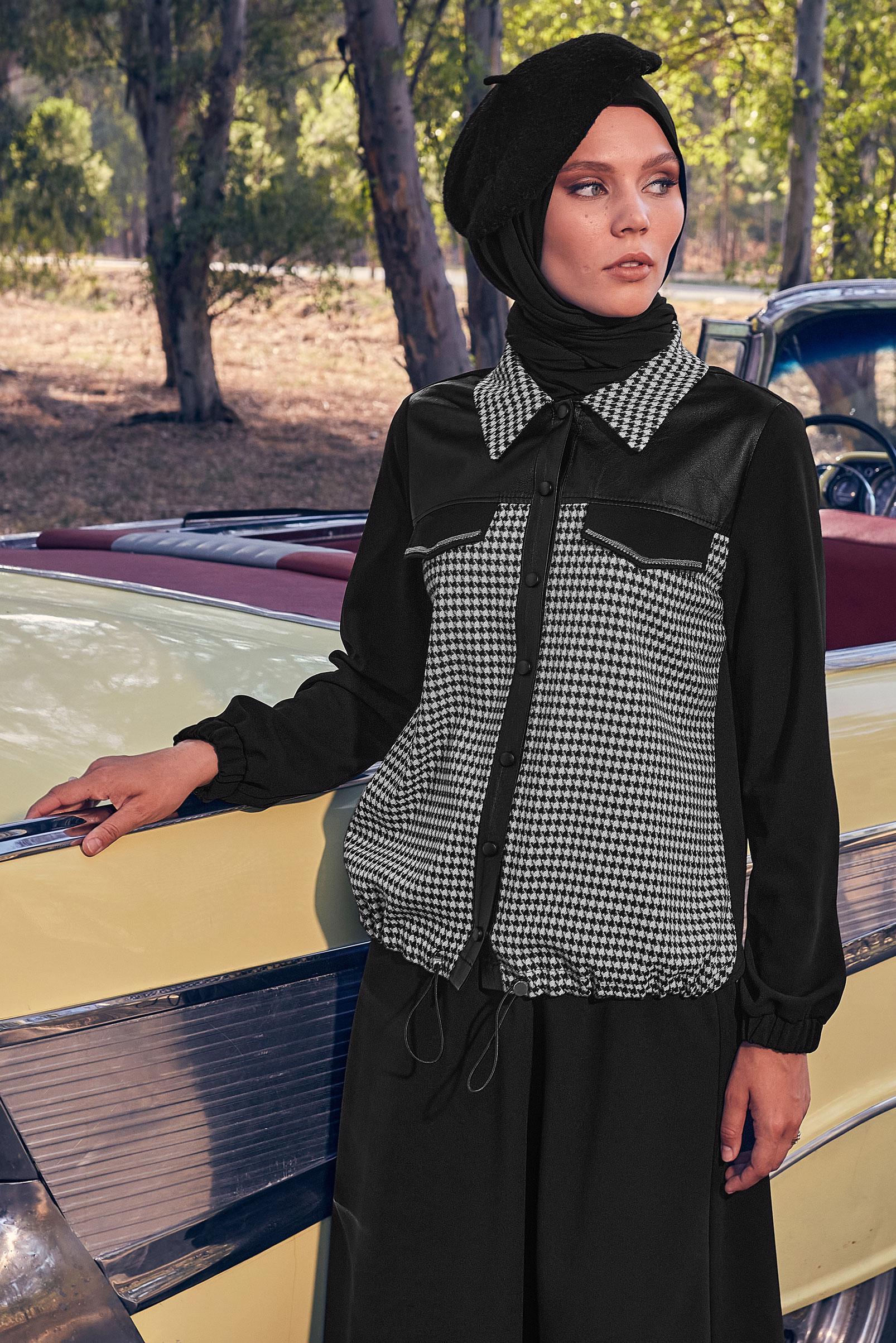 Tesettür giyim SİYAH KAZAYAĞI DESENLİ ETEKLİ TAKIM 44184