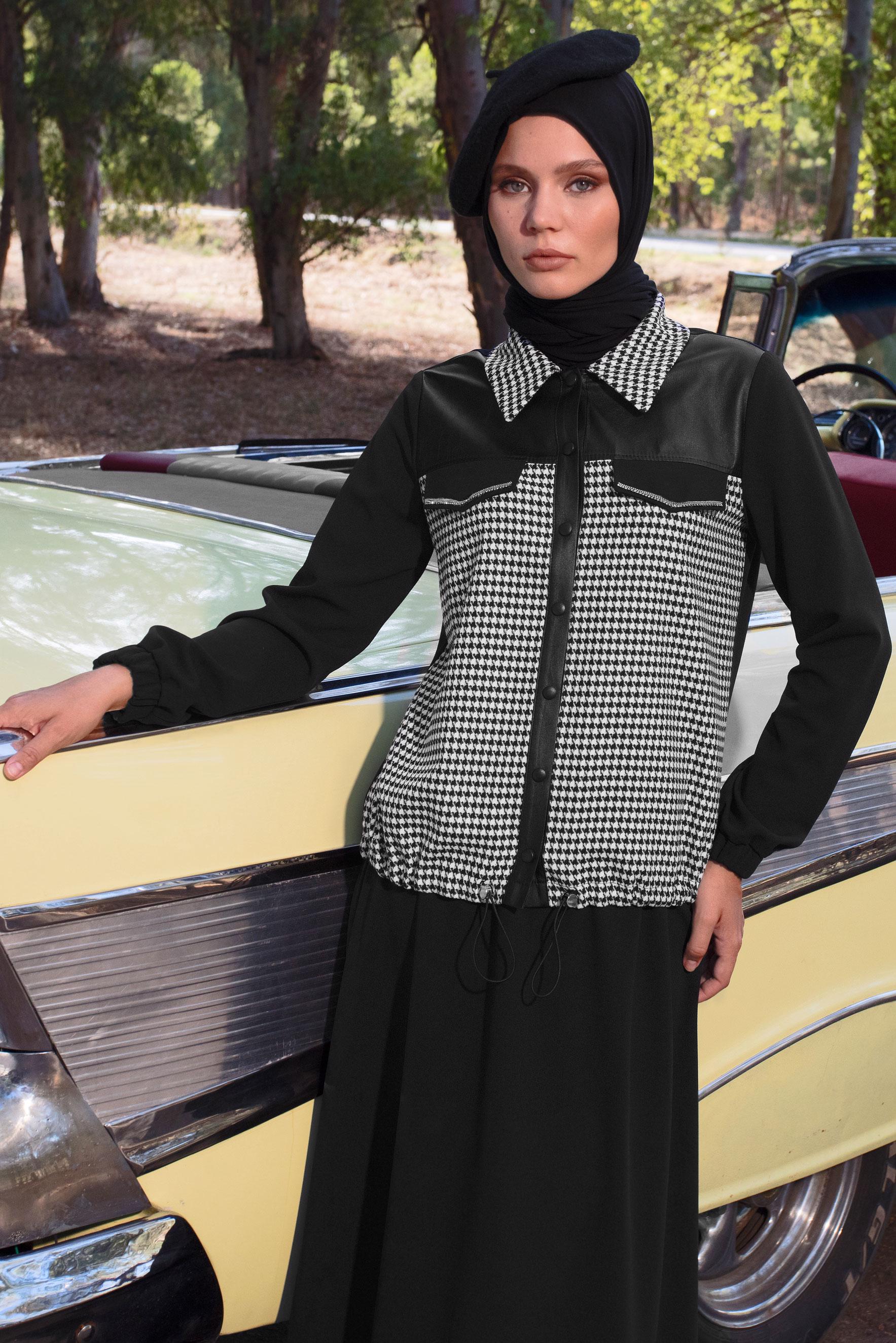 Tesettür giyim SİYAH KAZAYAĞI DESENLİ ETEKLİ TAKIM 44184