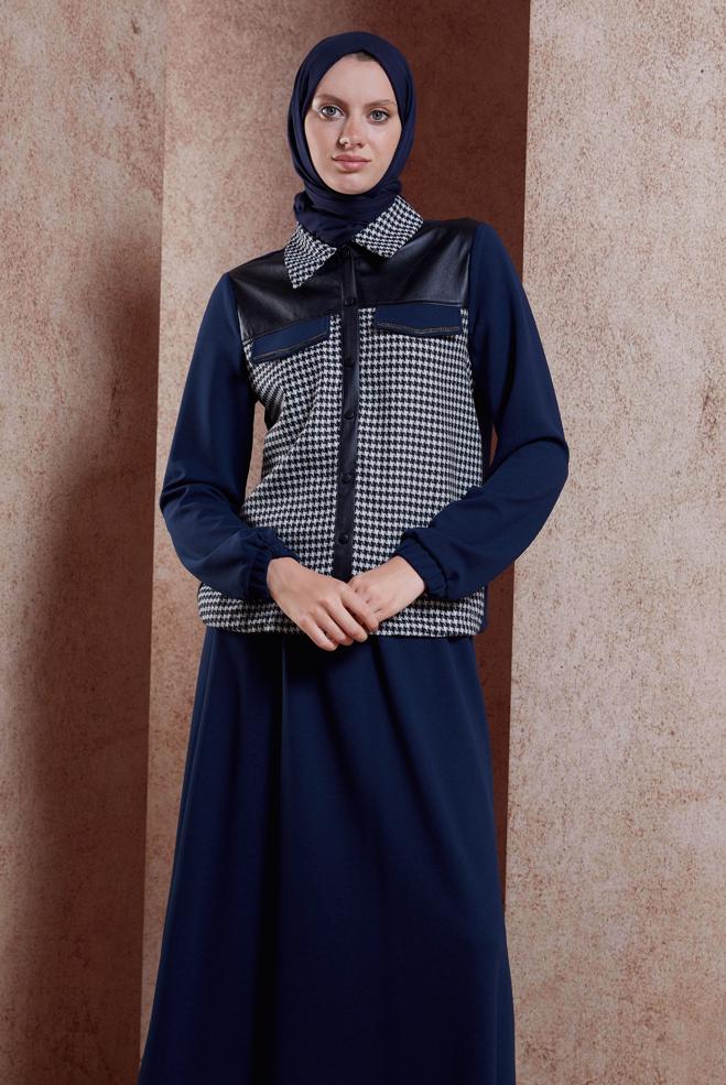 Vêtements hijab BLEU MARINE COSTUME À JUPE TEXTURÉ PIED DE POULE 44184 - ALVİNA
