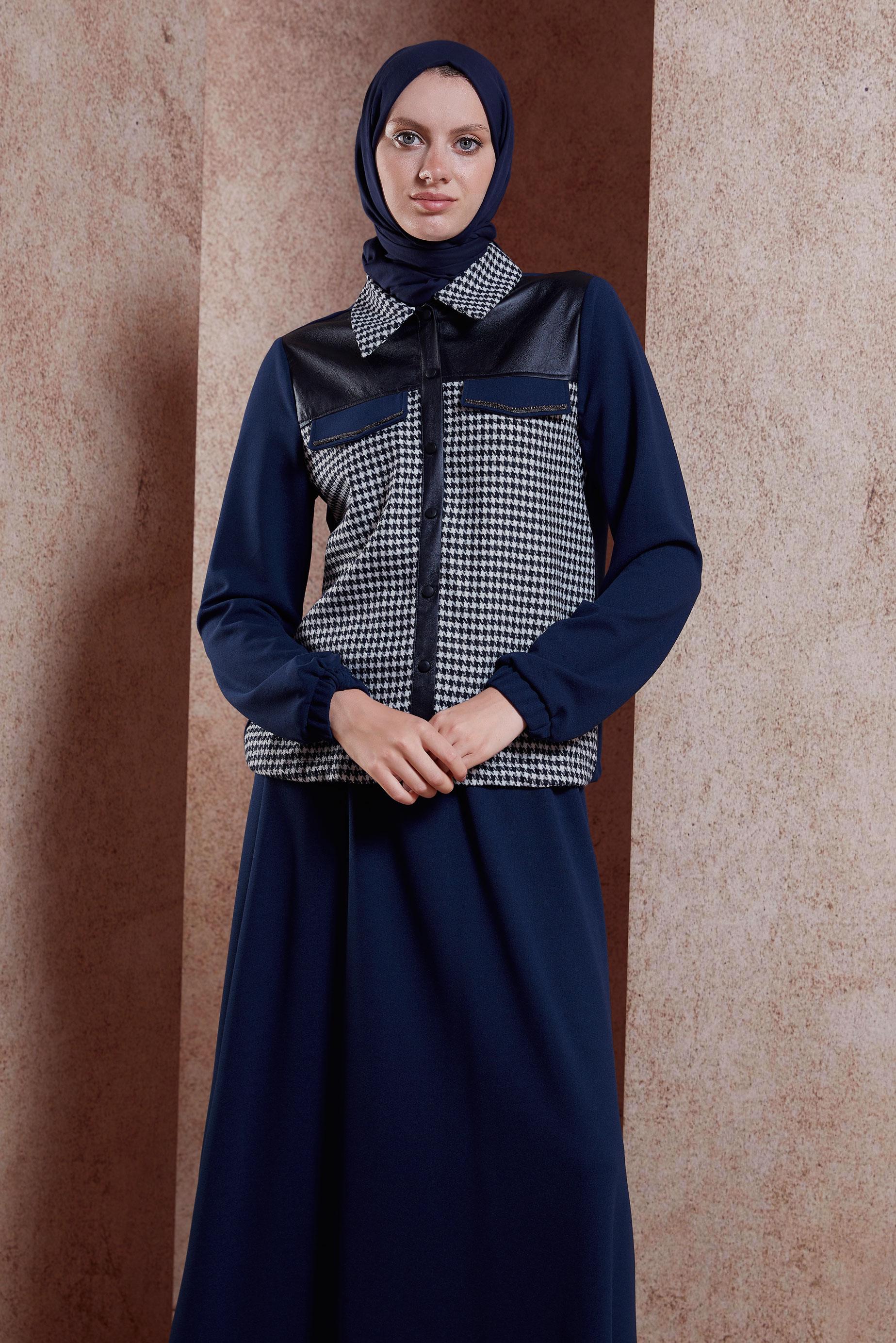 Hijab clothing NAVY BLUE HOUNDSTOOTH TEXTURED SKIRTED SUIT 44184