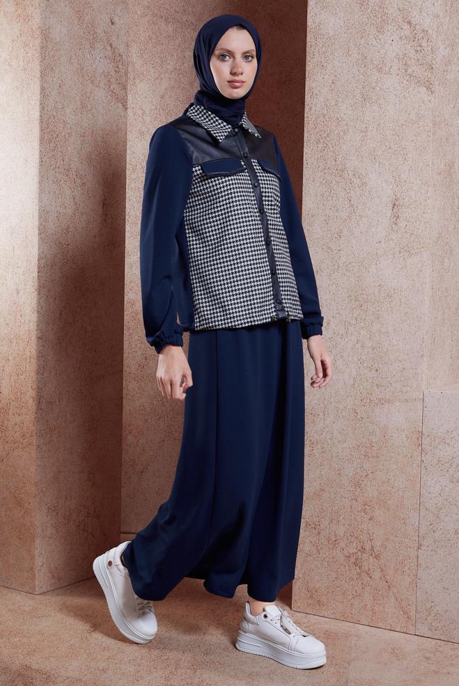 Vêtements hijab BLEU MARINE COSTUME À JUPE TEXTURÉ PIED DE POULE 44184 - ALVİNA