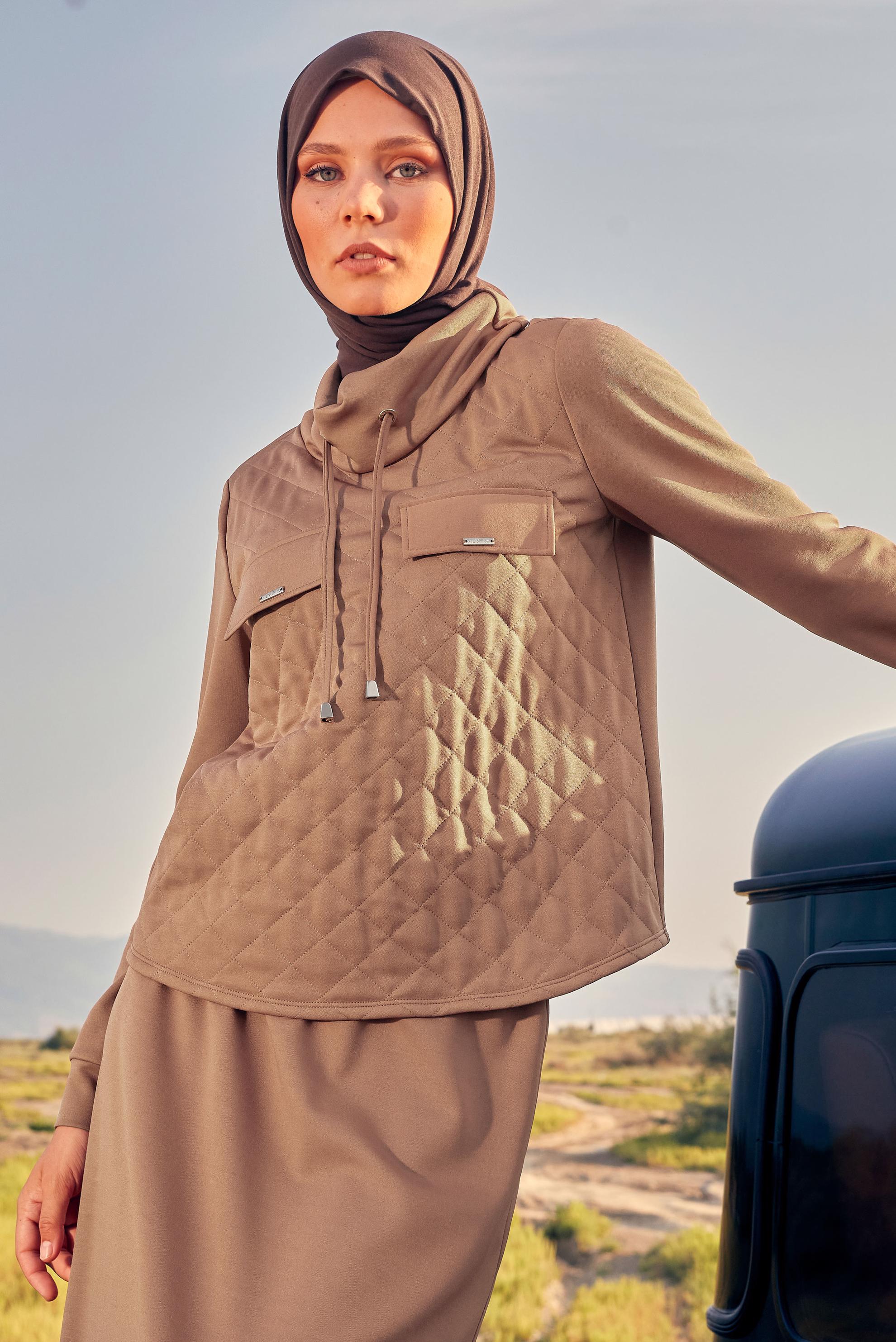 Tesettür giyim BEJ YAKASI BAĞCIKLI ETEKLİ TAKIM 44193