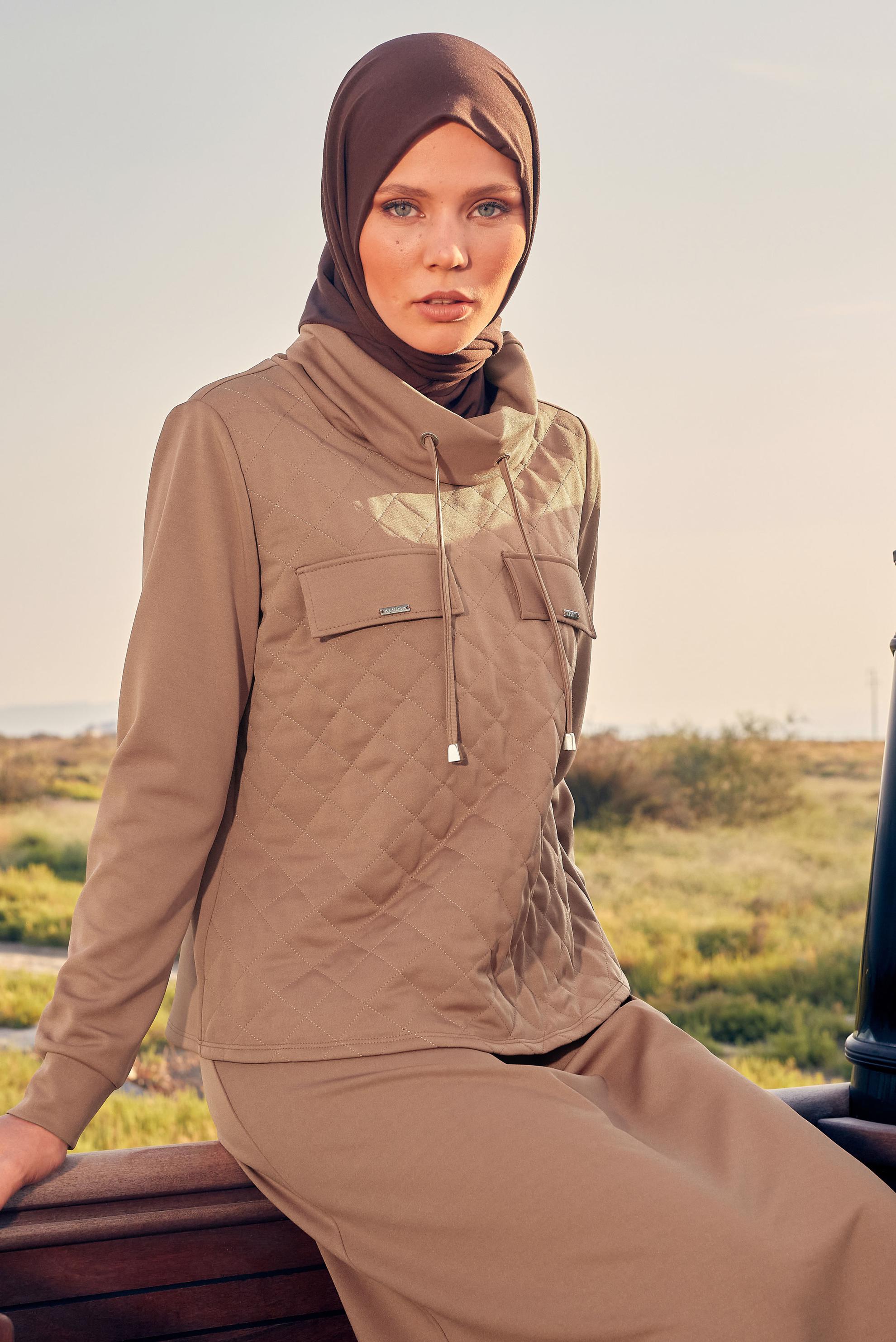 Tesettür giyim BEJ YAKASI BAĞCIKLI ETEKLİ TAKIM 44193