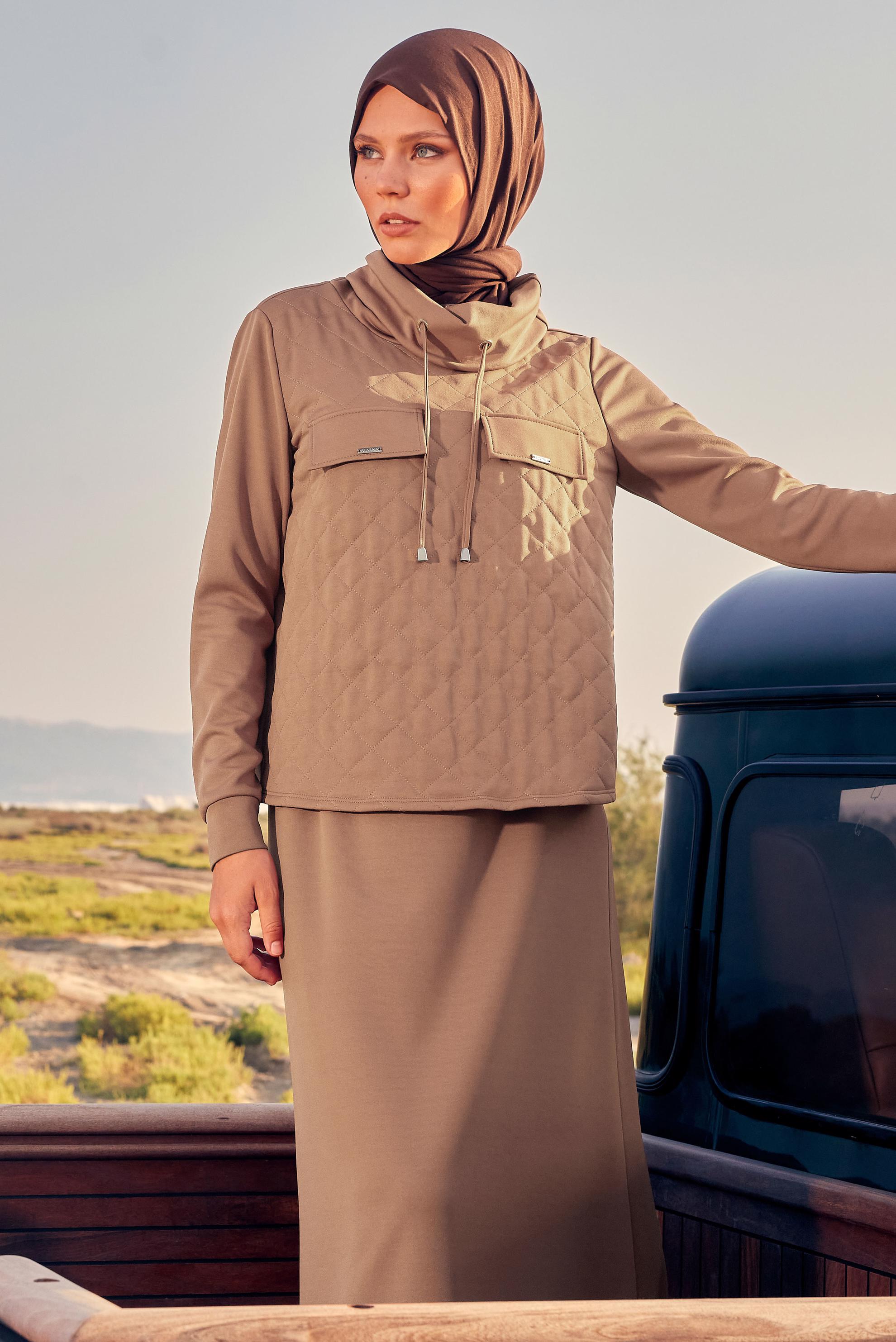 Tesettür giyim BEJ YAKASI BAĞCIKLI ETEKLİ TAKIM 44193