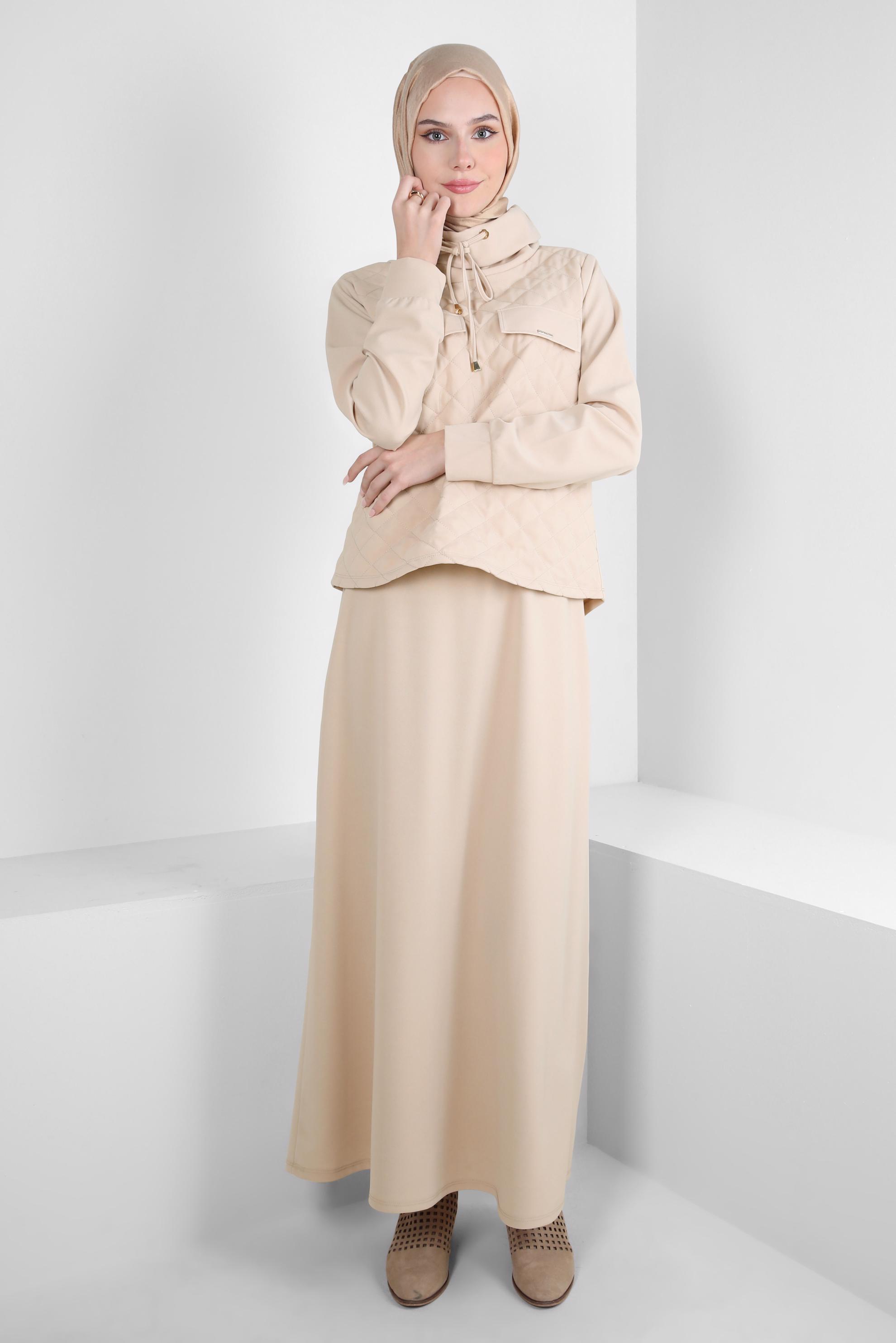 Tesettür giyim EKRU YAKASI BAĞCIKLI ETEKLİ TAKIM 44193