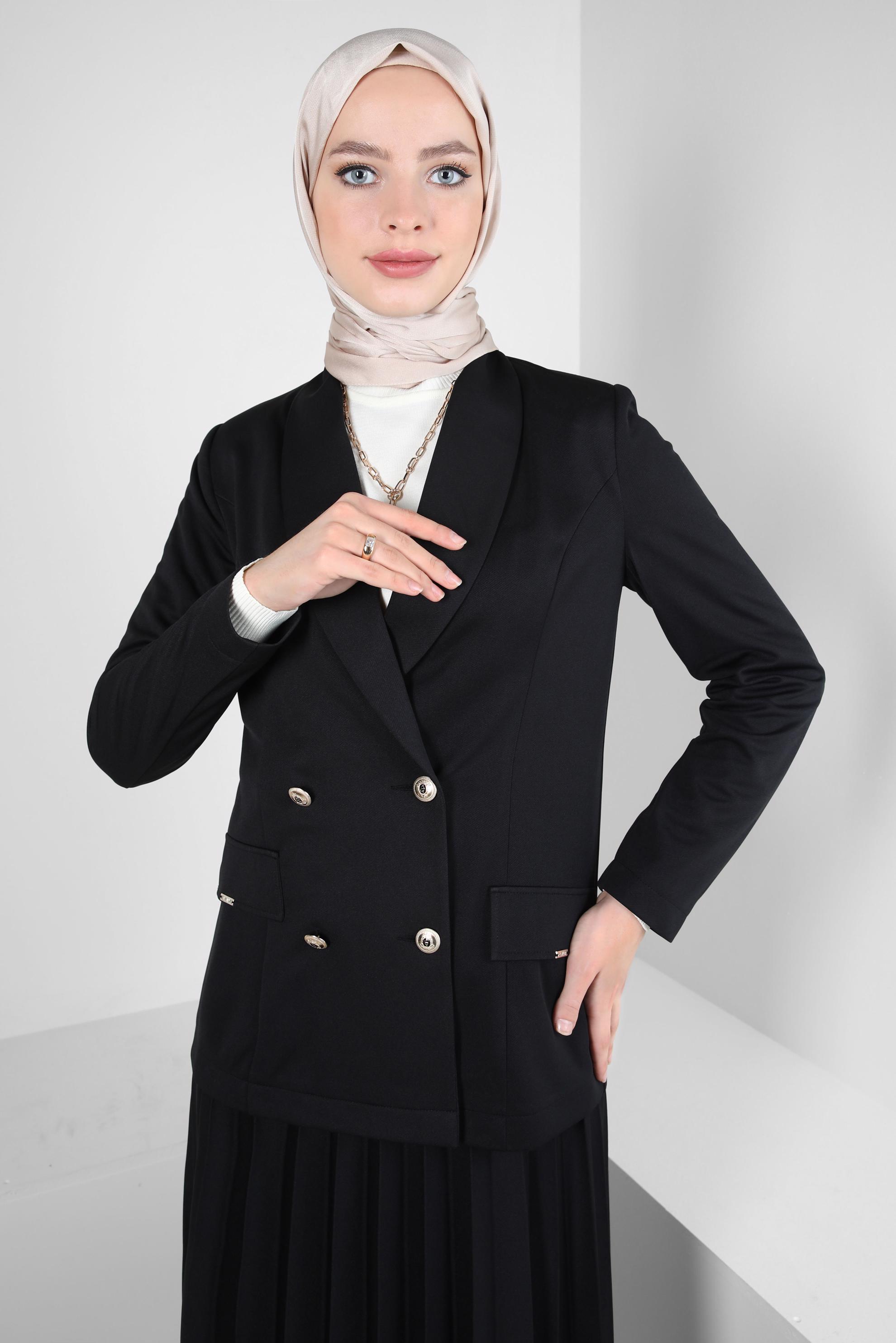 Tesettür giyim SİYAH PİLİSE DETAYLI ETEKLİ TAKIM 44229