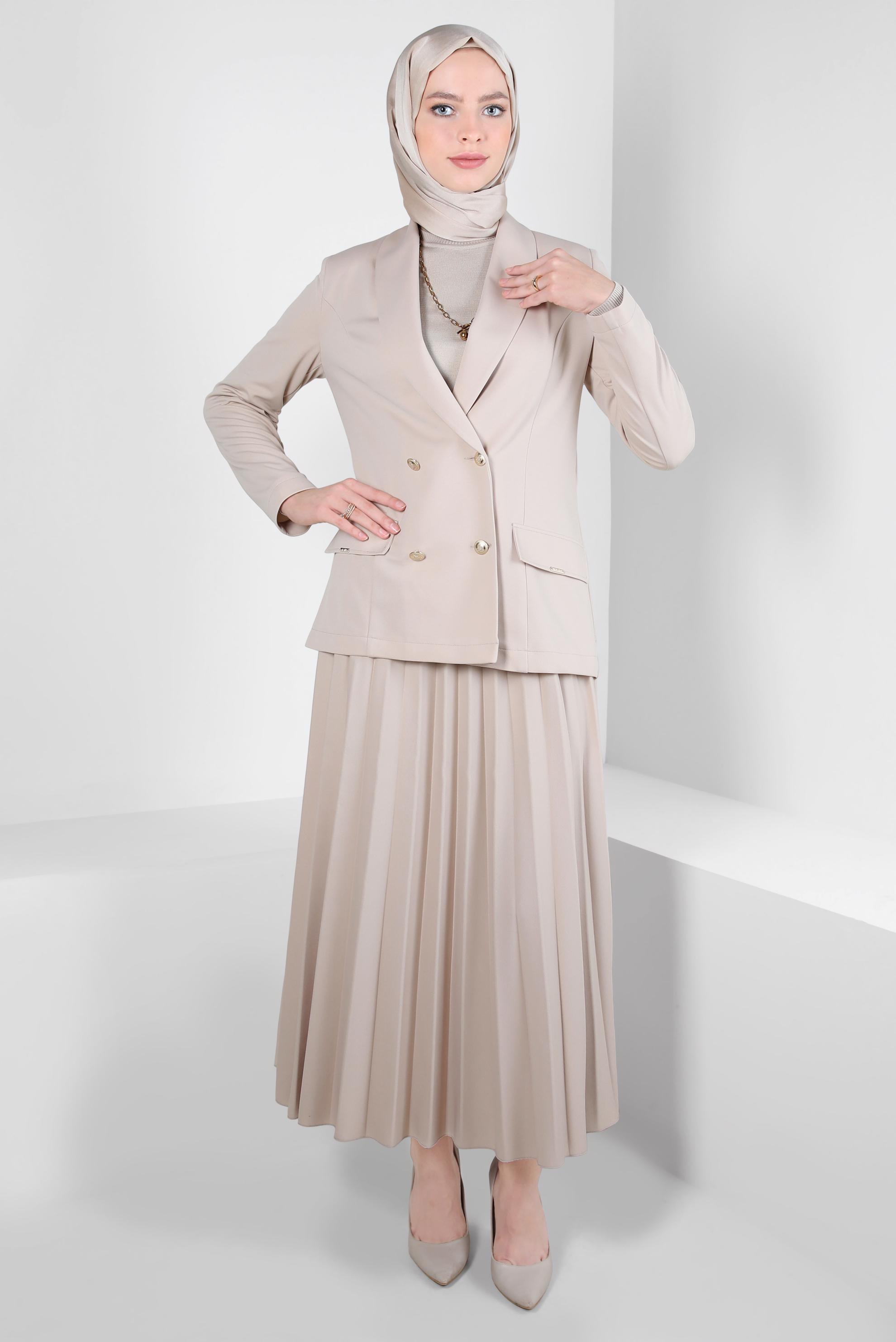 Tesettür giyim BEJ PİLİSE DETAYLI ETEKLİ TAKIM 44229
