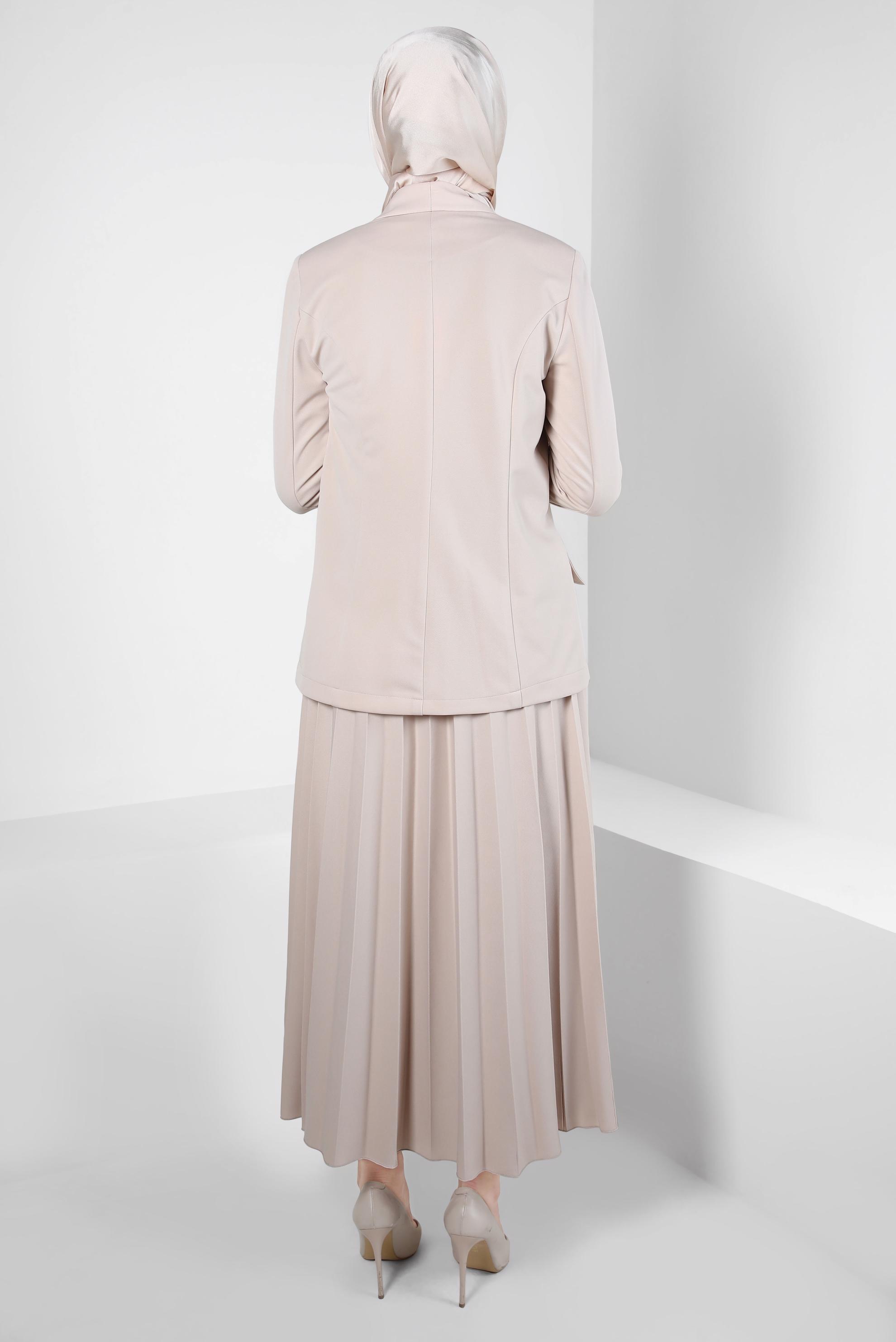 Tesettür giyim BEJ PİLİSE DETAYLI ETEKLİ TAKIM 44229