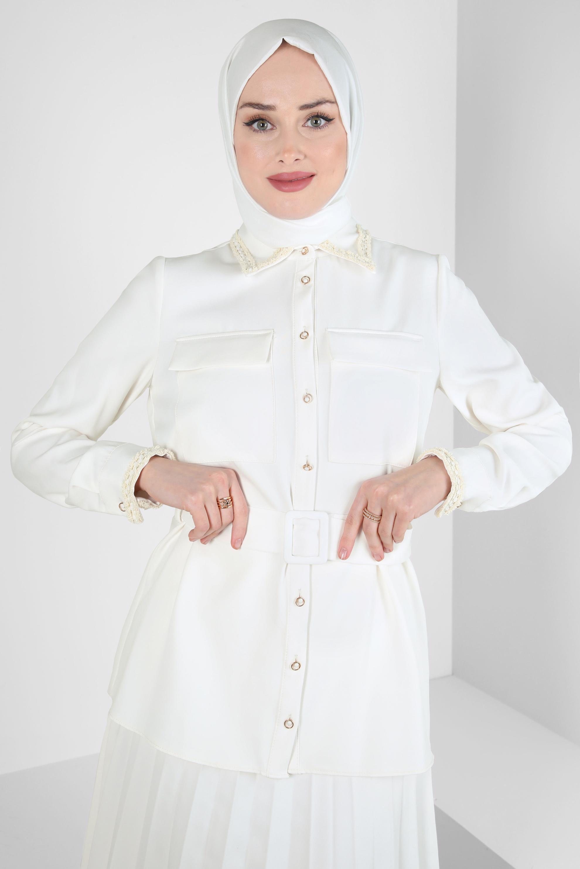 Tesettür giyim BEYAZ KEMERLİ ETEKLİ TAKIM 44230