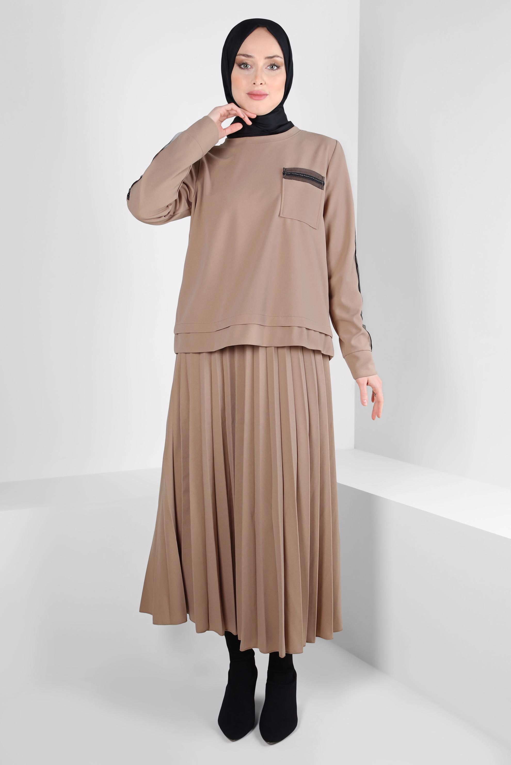 Vêtements hijab BEIGE COSTUME À JUPE PLISSÉE 44243