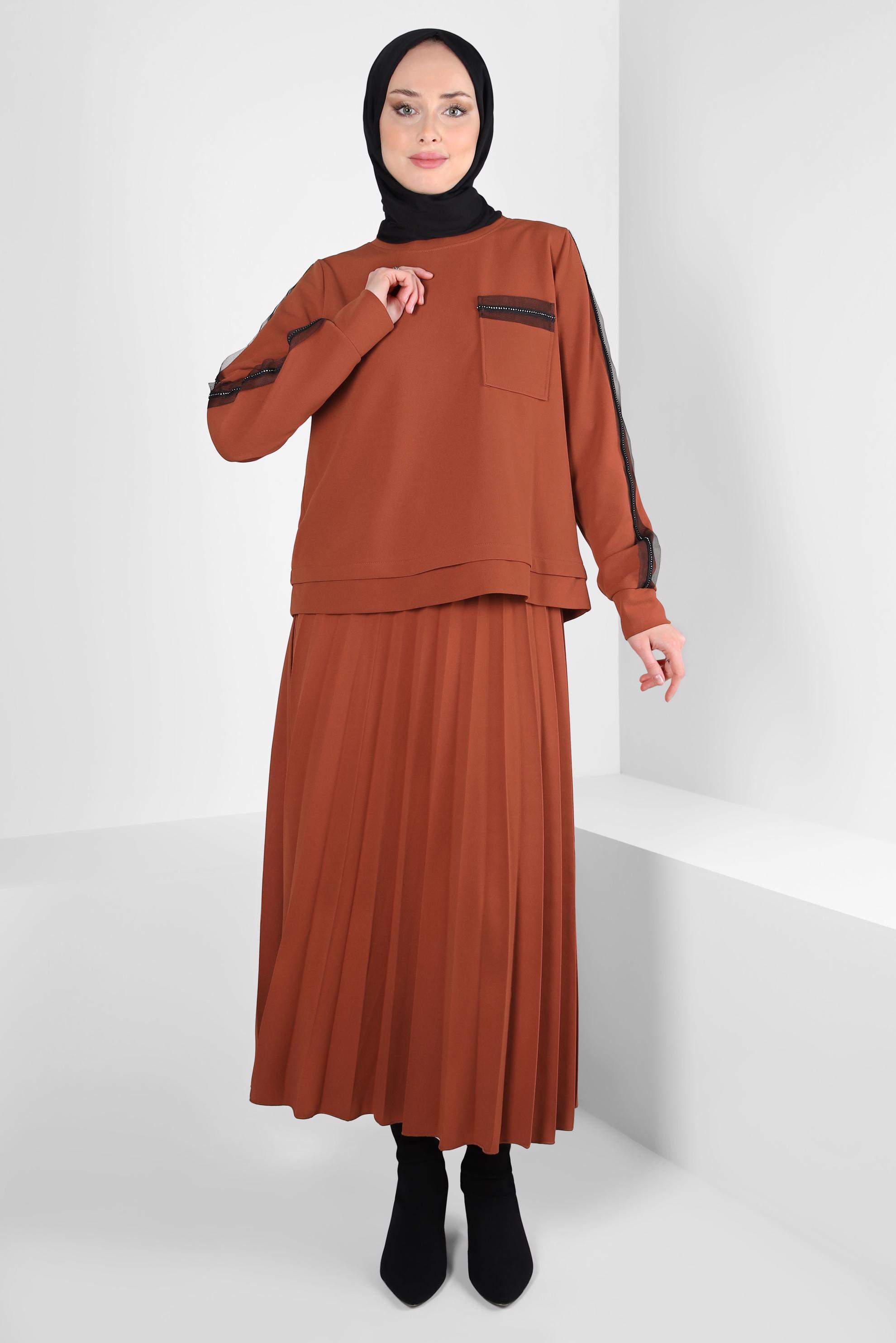 Vêtements hijab ORANGE COSTUME À JUPE PLISSÉE 44243