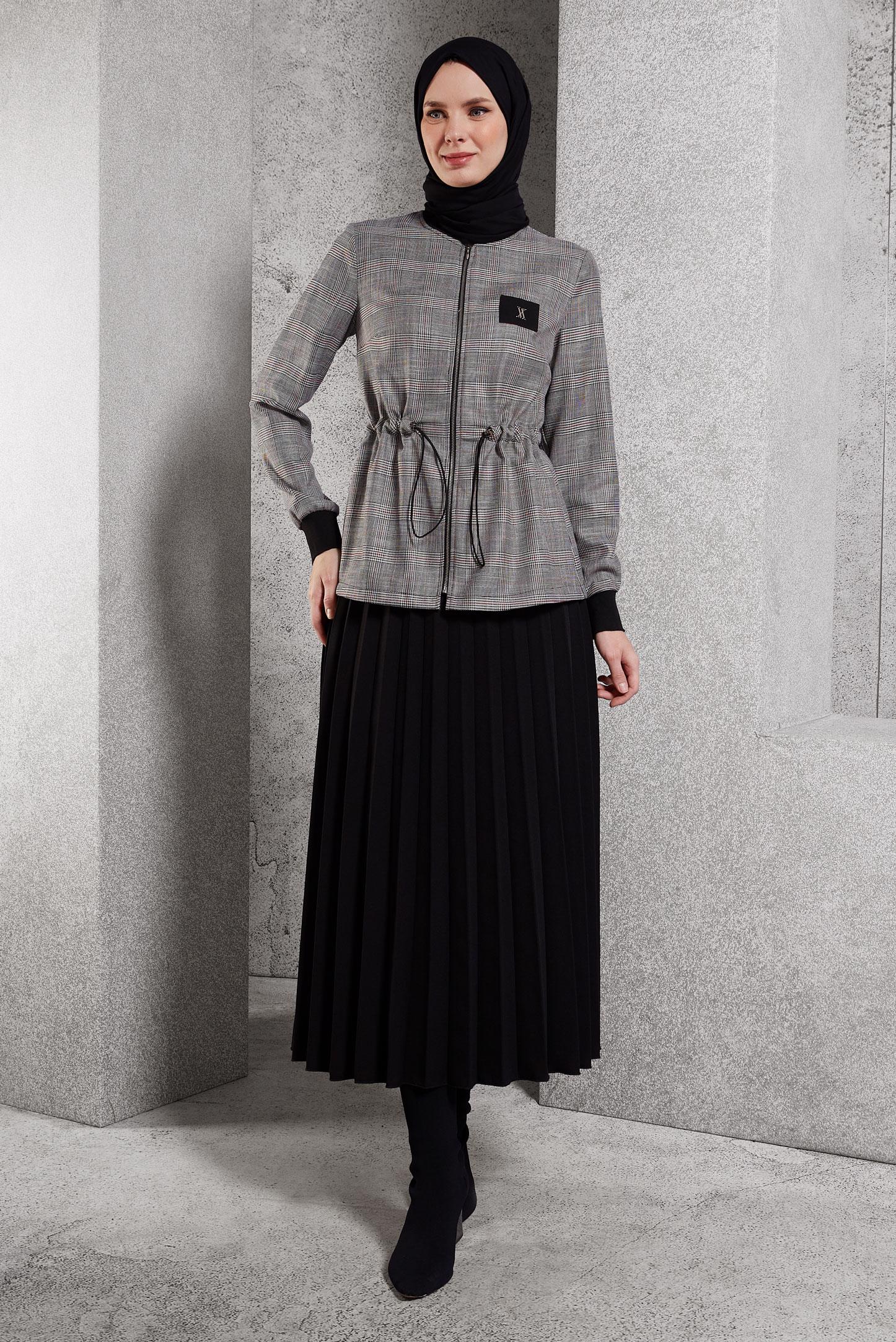 Tesettür giyim SİYAH EKOSE DESENLİ ETEKLİ TAKIM 44248