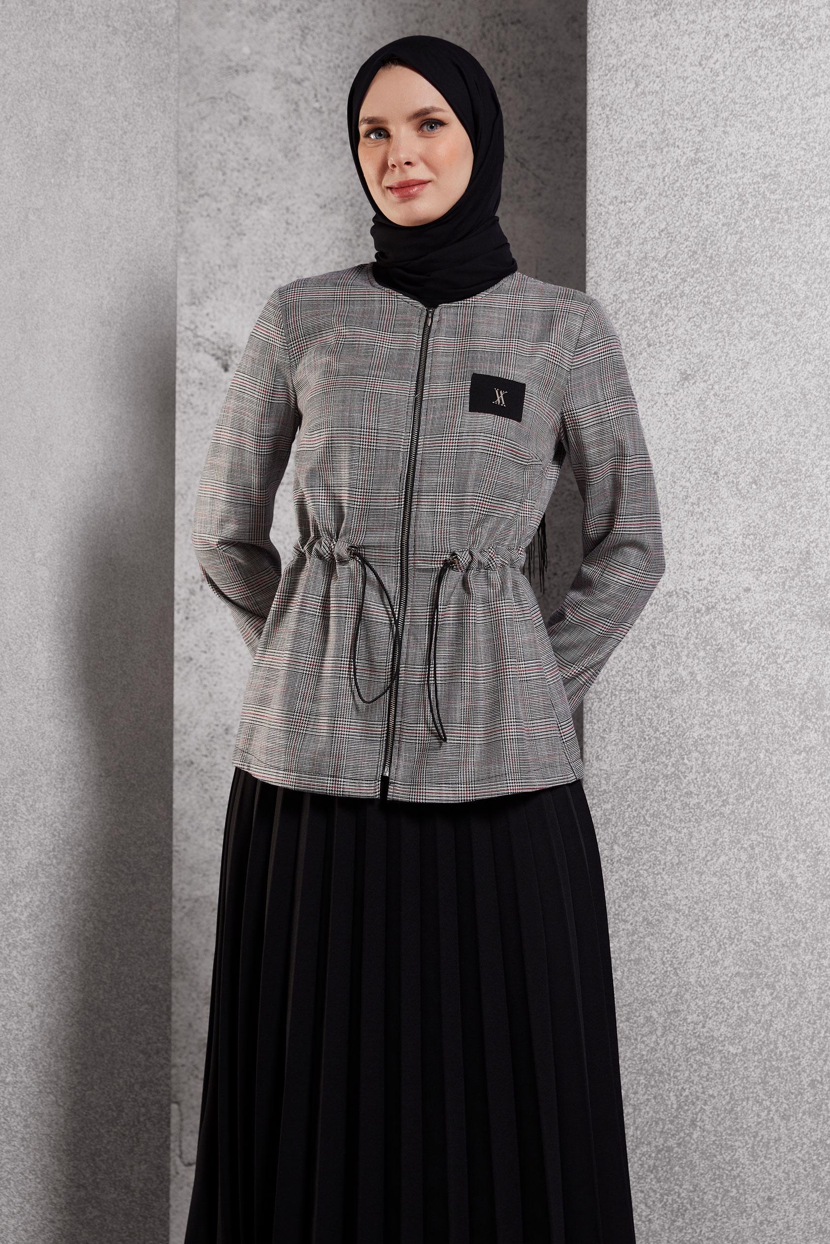 Tesettür giyim SİYAH EKOSE DESENLİ ETEKLİ TAKIM 44248