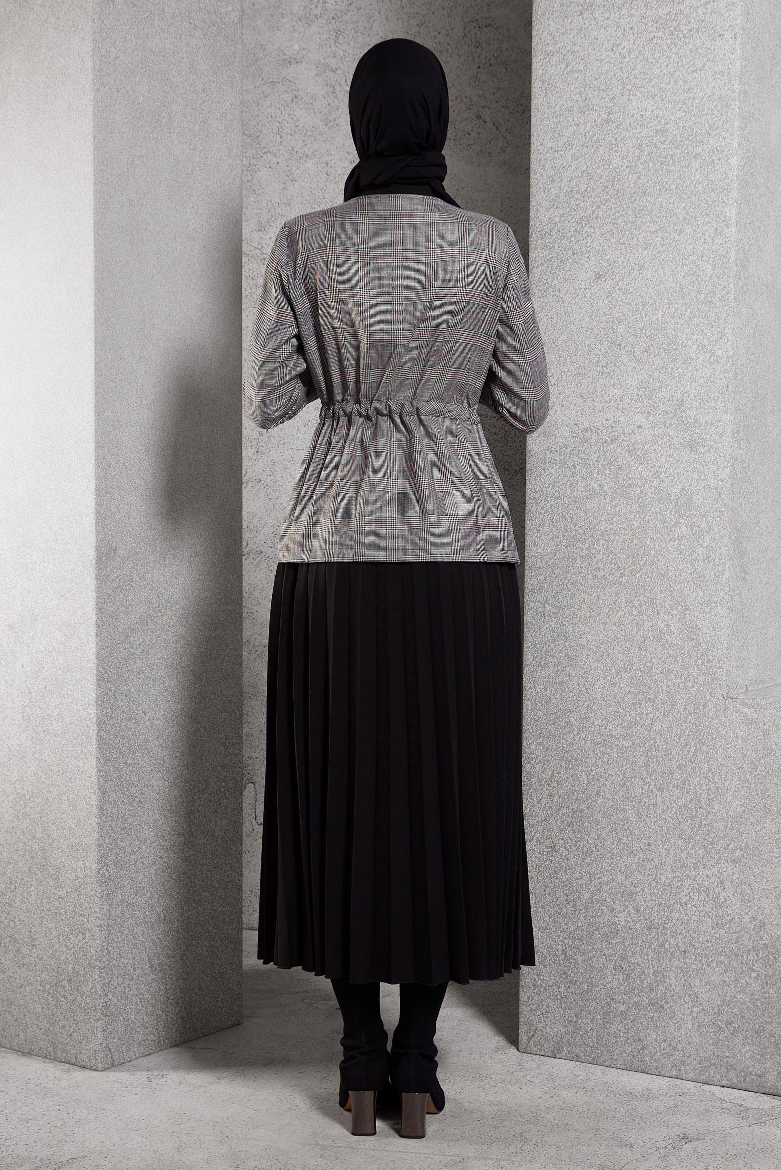 Tesettür giyim SİYAH EKOSE DESENLİ ETEKLİ TAKIM 44248