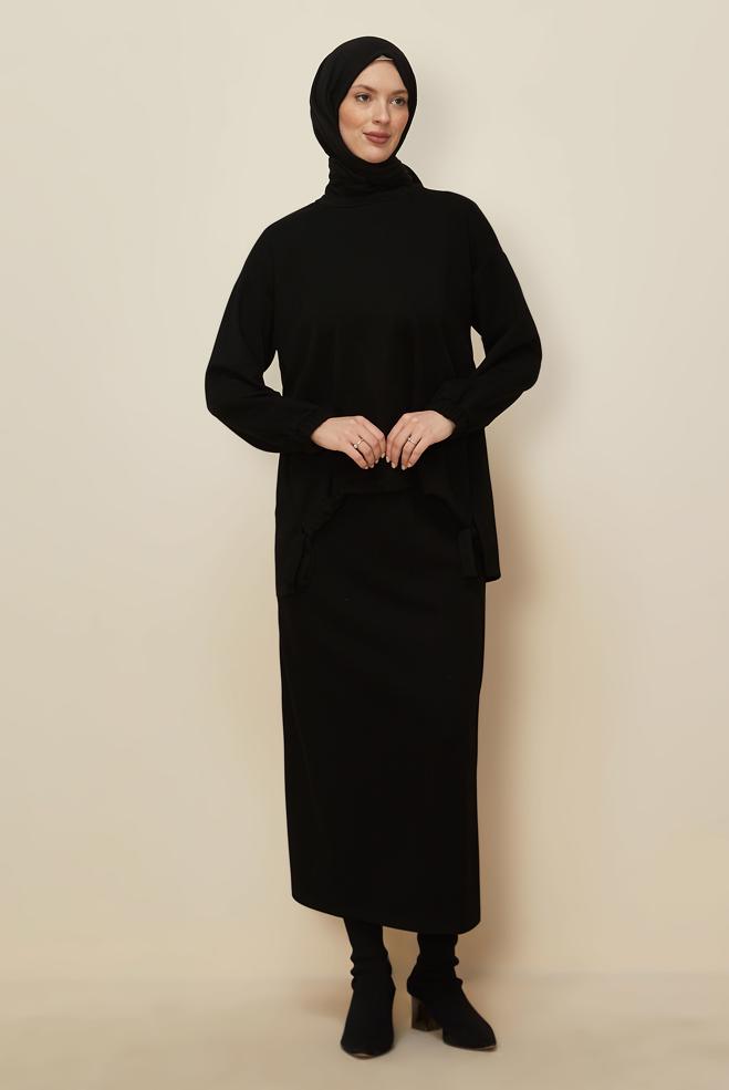 Tesettür giyim SİYAH BAĞLAMA DETAYLI ETEKLİ TAKIM 44249 - ALVİNA