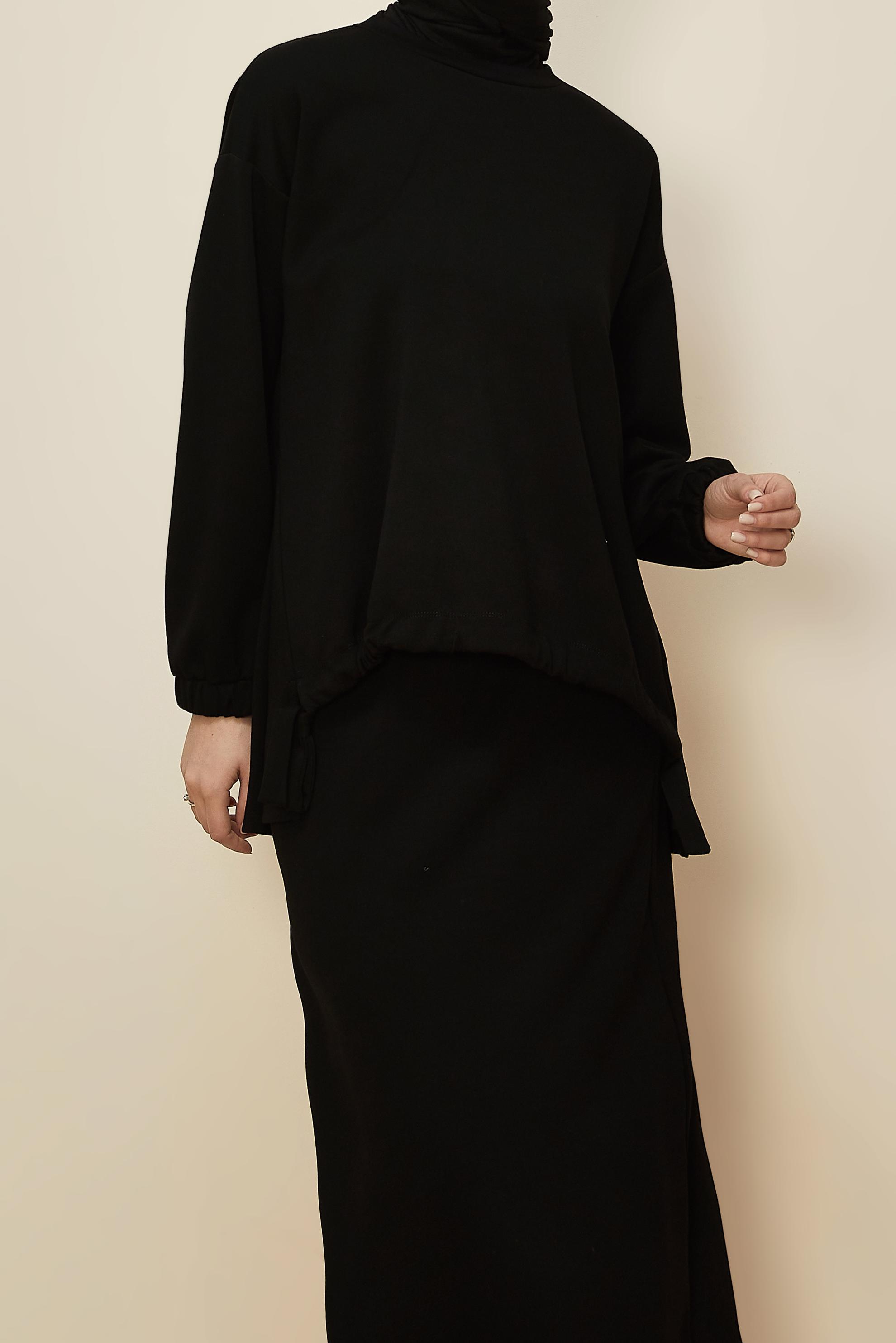 Tesettür giyim SİYAH BAĞLAMA DETAYLI ETEKLİ TAKIM 44249