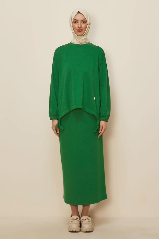 Hijab clothing GREEN TIE DETAIL SKIRT SUIT 44249 - ALVİNA