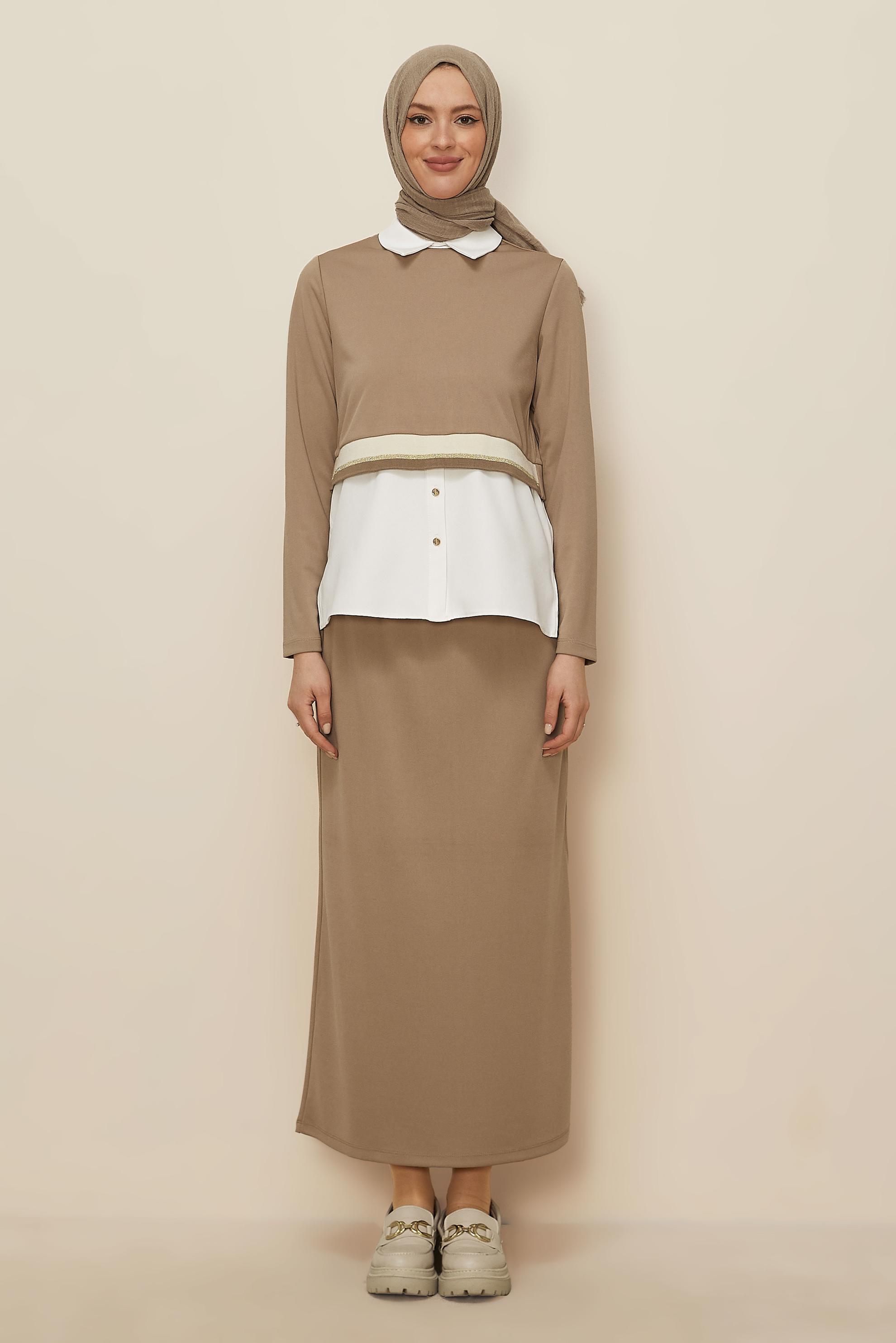 Tesettür giyim BEJ GÖMLEK GARNİLİ ETEKLİ TAKIM 44301