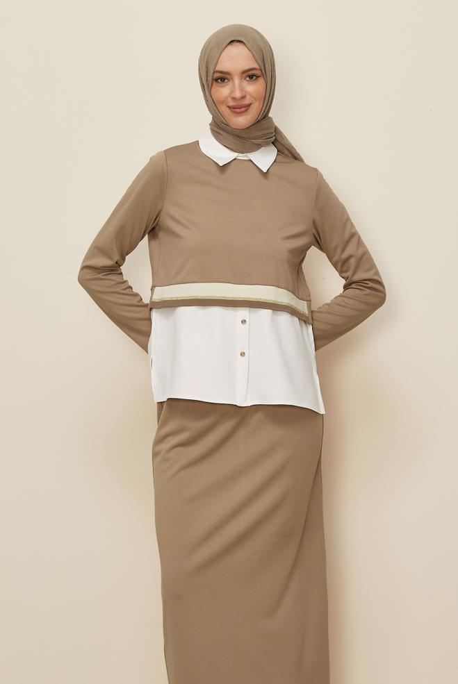 Tesettür giyim BEJ GÖMLEK GARNİLİ ETEKLİ TAKIM 44301 - ALVİNA