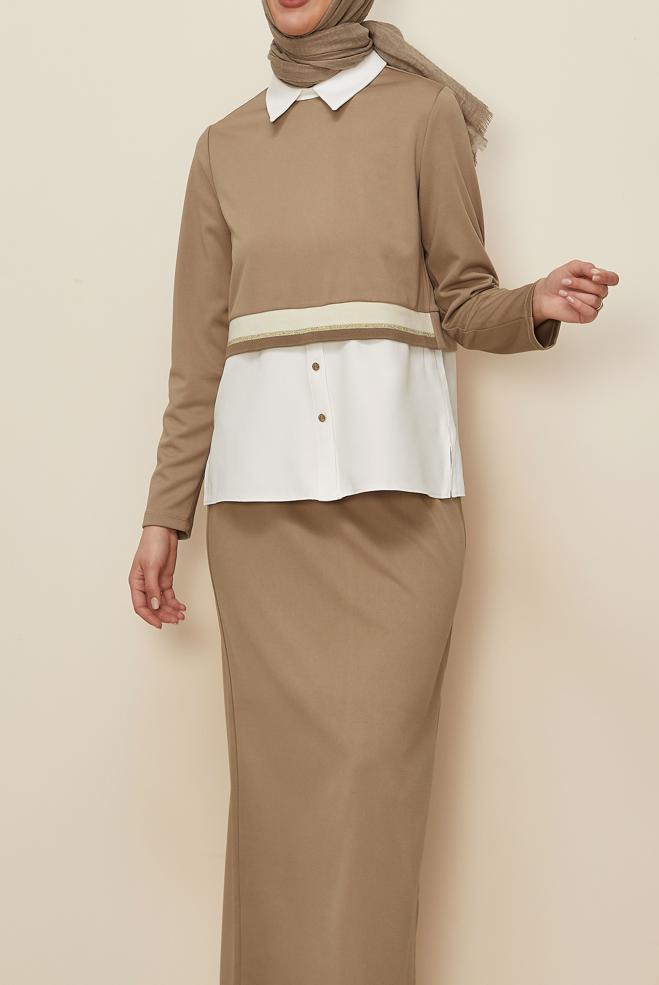 Tesettür giyim BEJ GÖMLEK GARNİLİ ETEKLİ TAKIM 44301 - ALVİNA