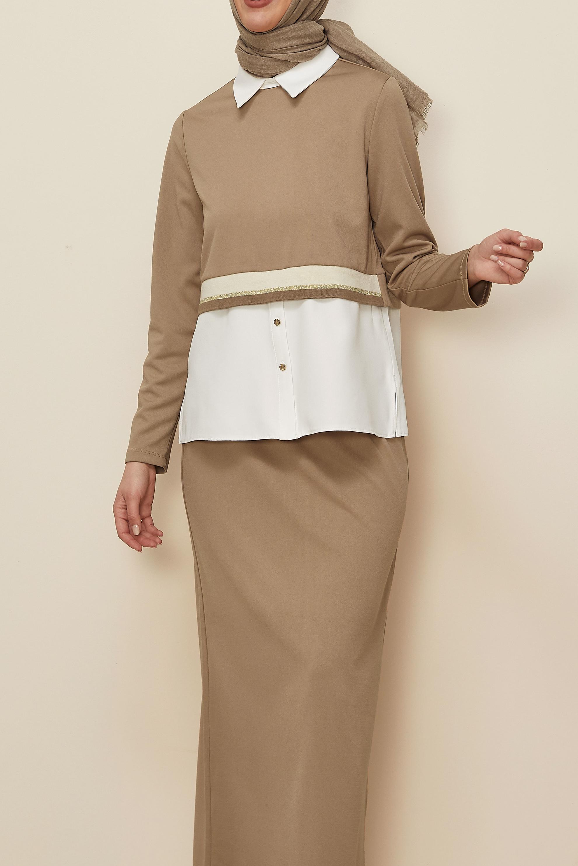 Tesettür giyim BEJ GÖMLEK GARNİLİ ETEKLİ TAKIM 44301