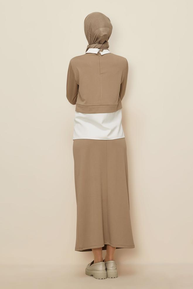 Tesettür giyim BEJ GÖMLEK GARNİLİ ETEKLİ TAKIM 44301 - ALVİNA