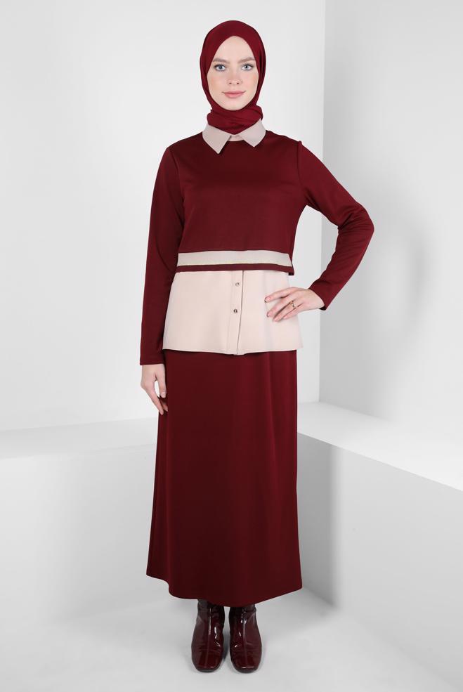 Hijab clothing CLARET RED SKIRTED SUIT 44301 - ALVİNA