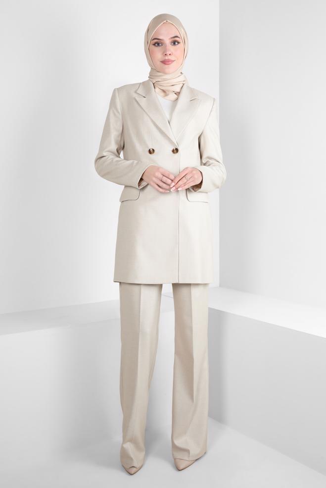 Tesettür giyim BEJ KRUVAZE YAKA PANTOLONLU TAKIM 30400 - ALVİNA
