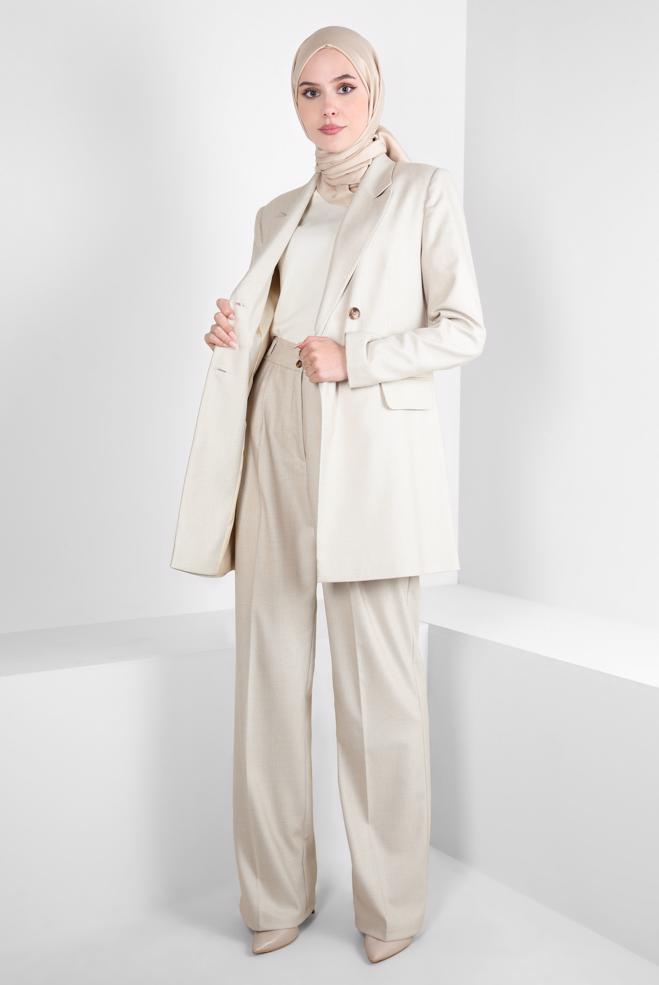Tesettür giyim BEJ KRUVAZE YAKA PANTOLONLU TAKIM 30400 - ALVİNA