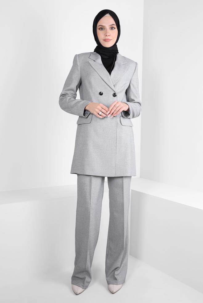 Tesettür giyim GRİ KRUVAZE YAKA PANTOLONLU TAKIM 30400 - ALVİNA