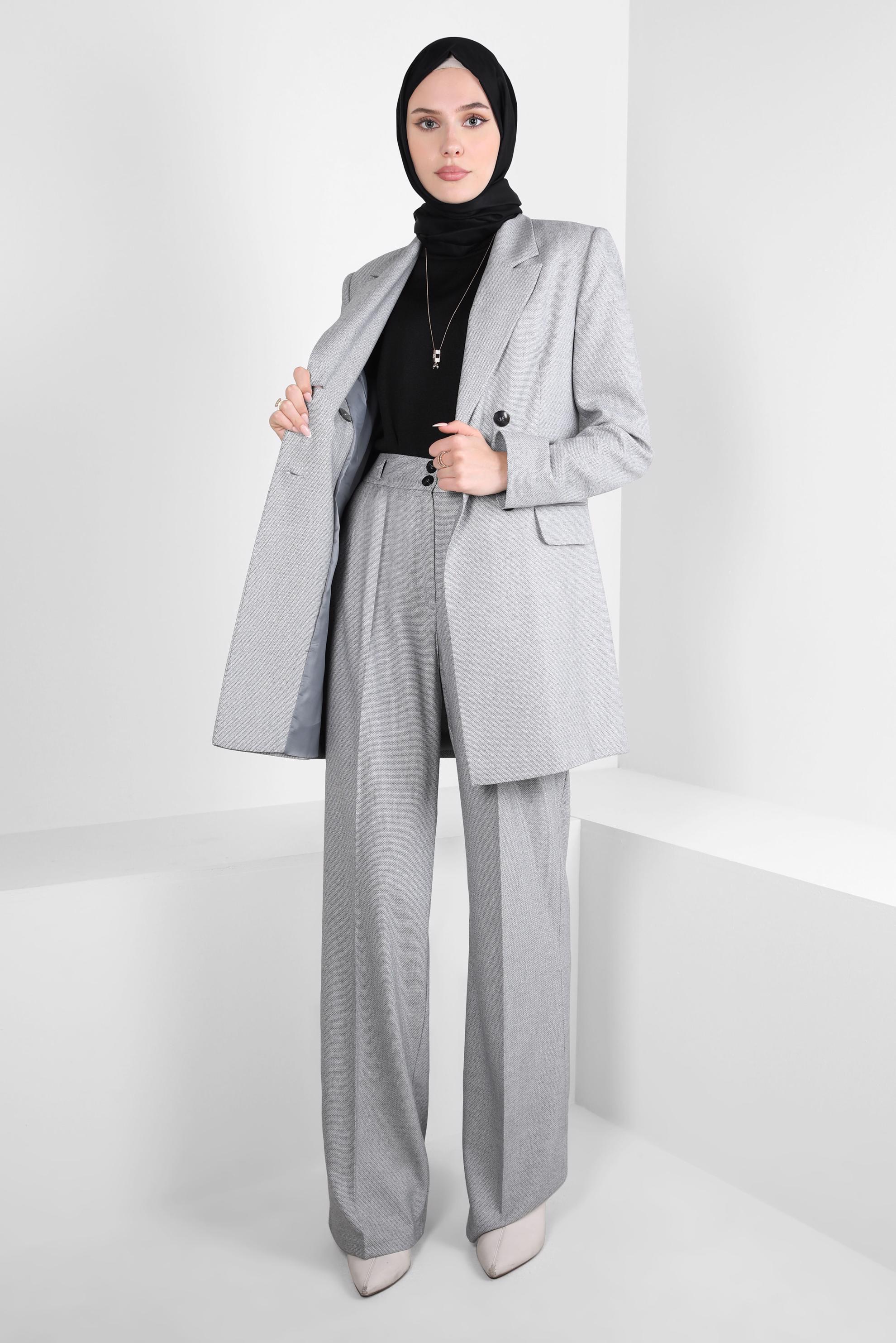 Vêtements hijab GRIS COSTUME PANTALON À DOUBLE BOUTONNAGE 30400