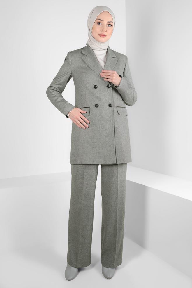 Tesettür giyim HAKİ KRUVAZE YAKA PANTOLONLU TAKIM 30400 - ALVİNA