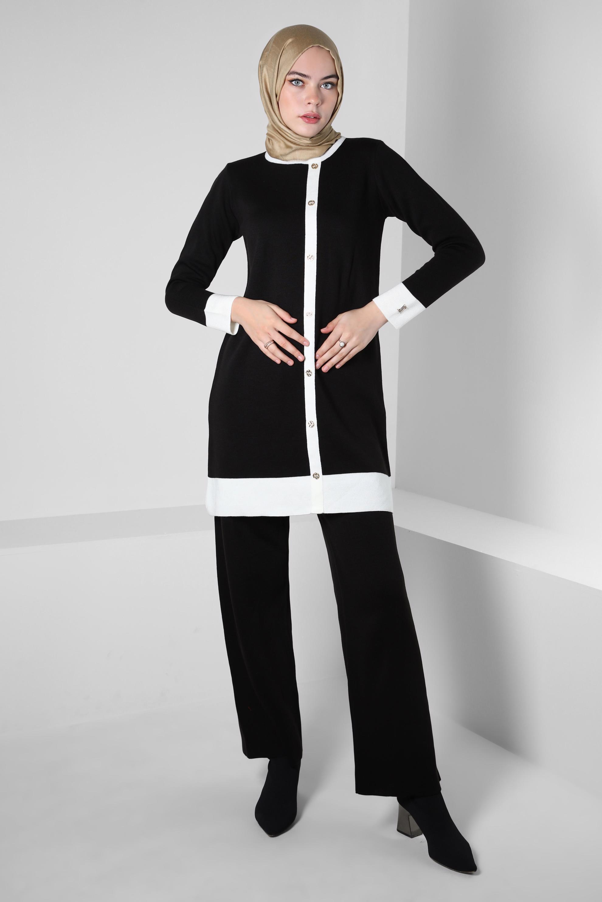 Tesettür giyim SİYAH TRİKO PANTOLONLU TAKIM 44082