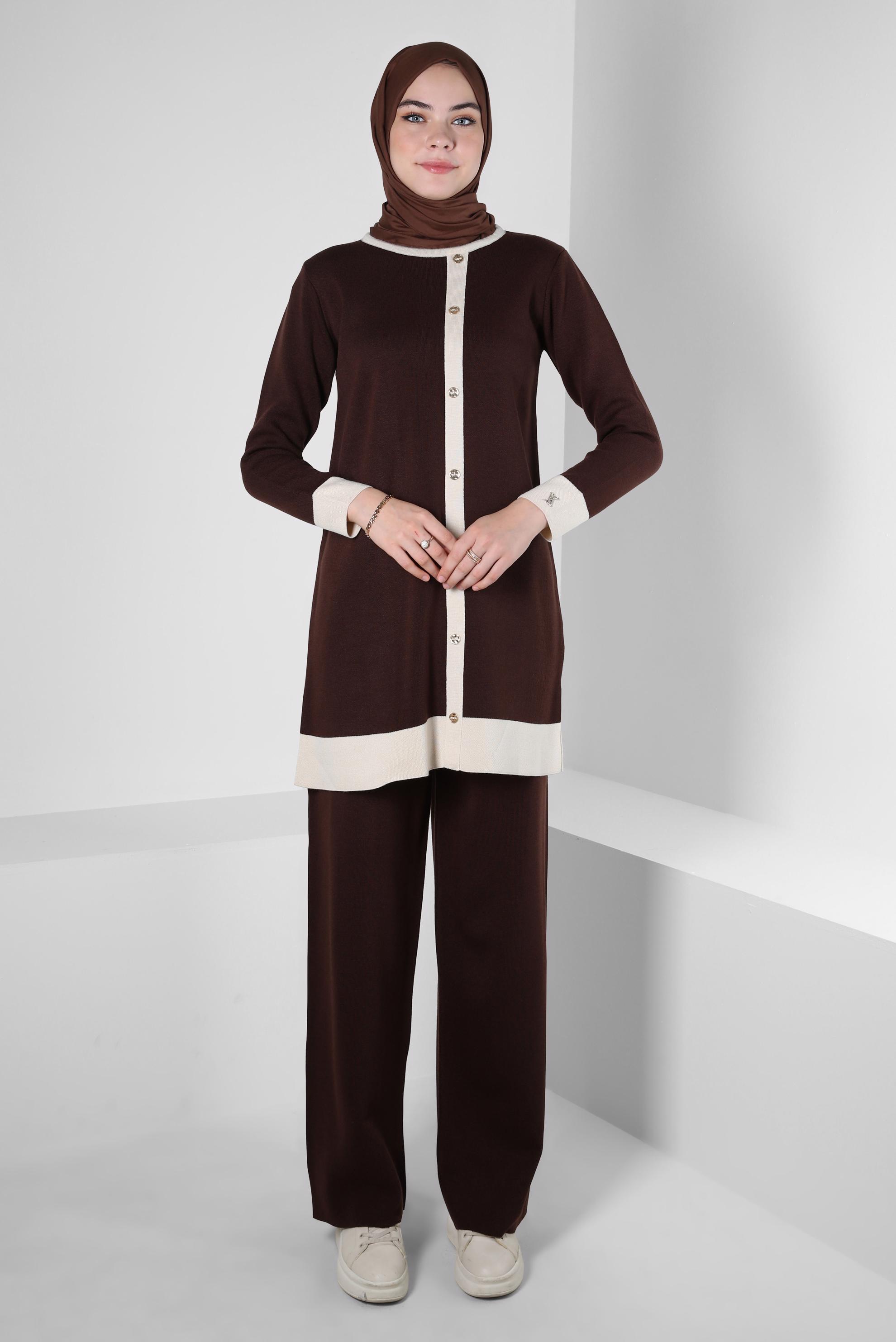Tesettür giyim KAHVE TRİKO PANTOLONLU TAKIM 44082