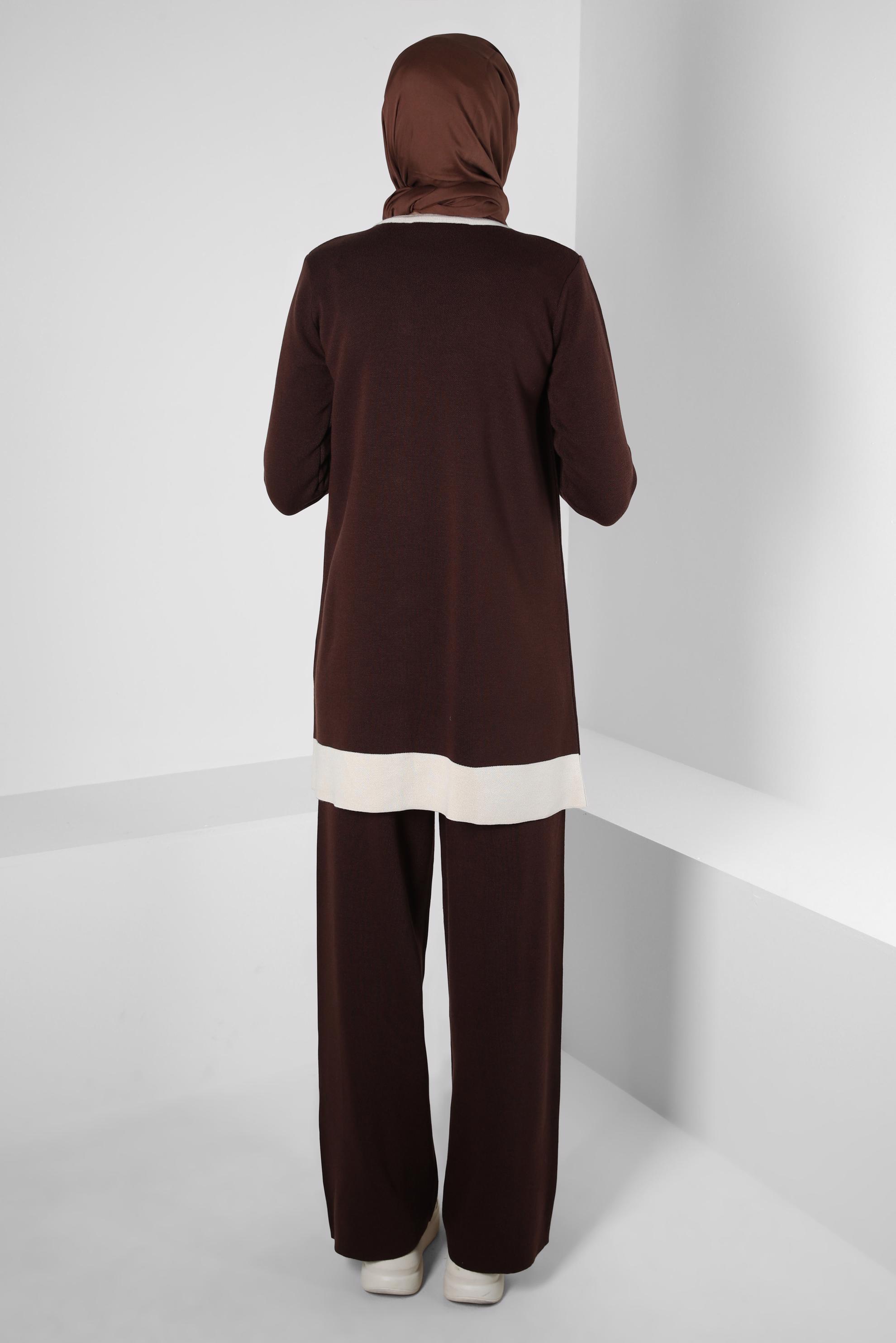 Tesettür giyim KAHVE TRİKO PANTOLONLU TAKIM 44082