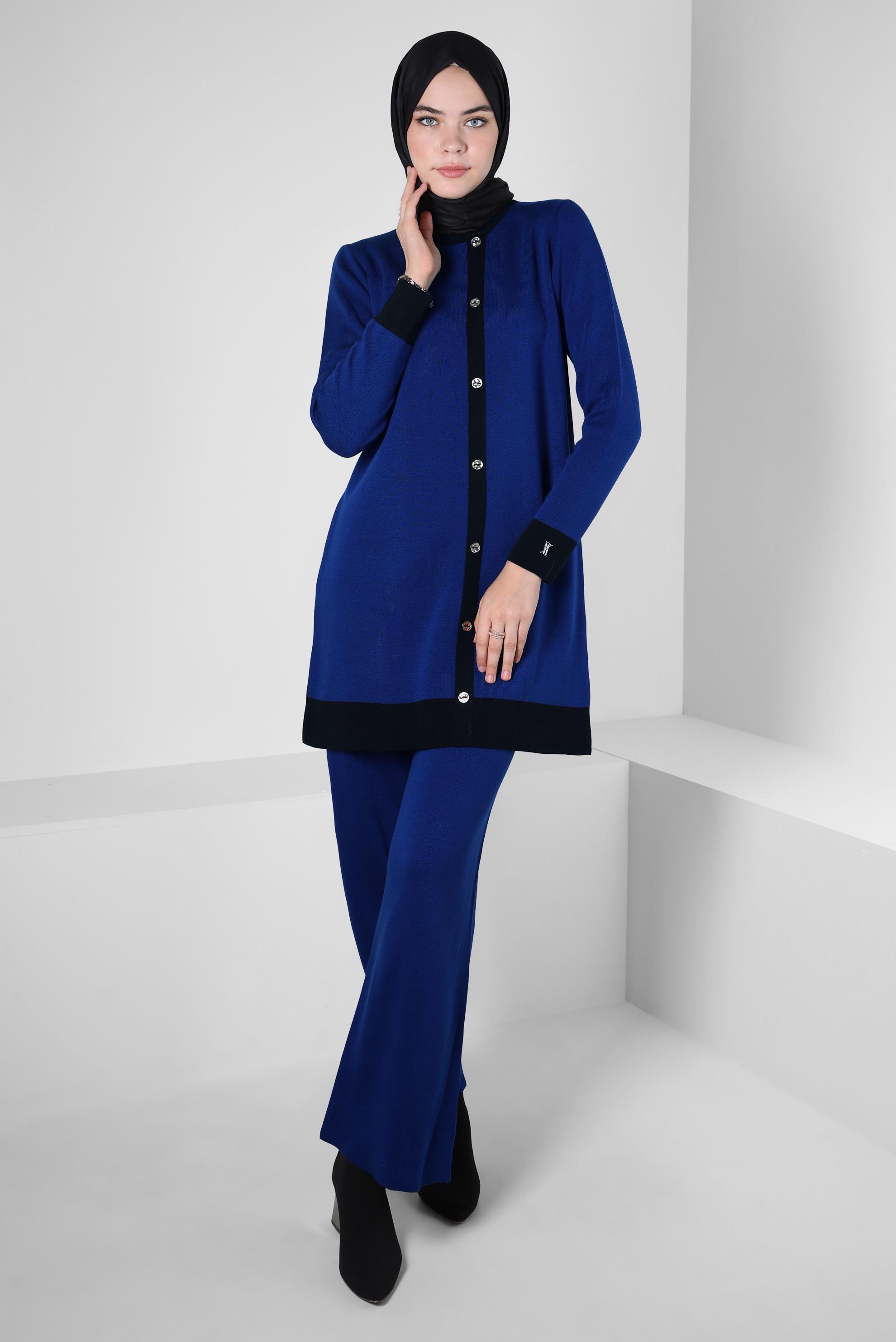 Tesettür giyim MAVİ TRİKO PANTOLONLU TAKIM 44082