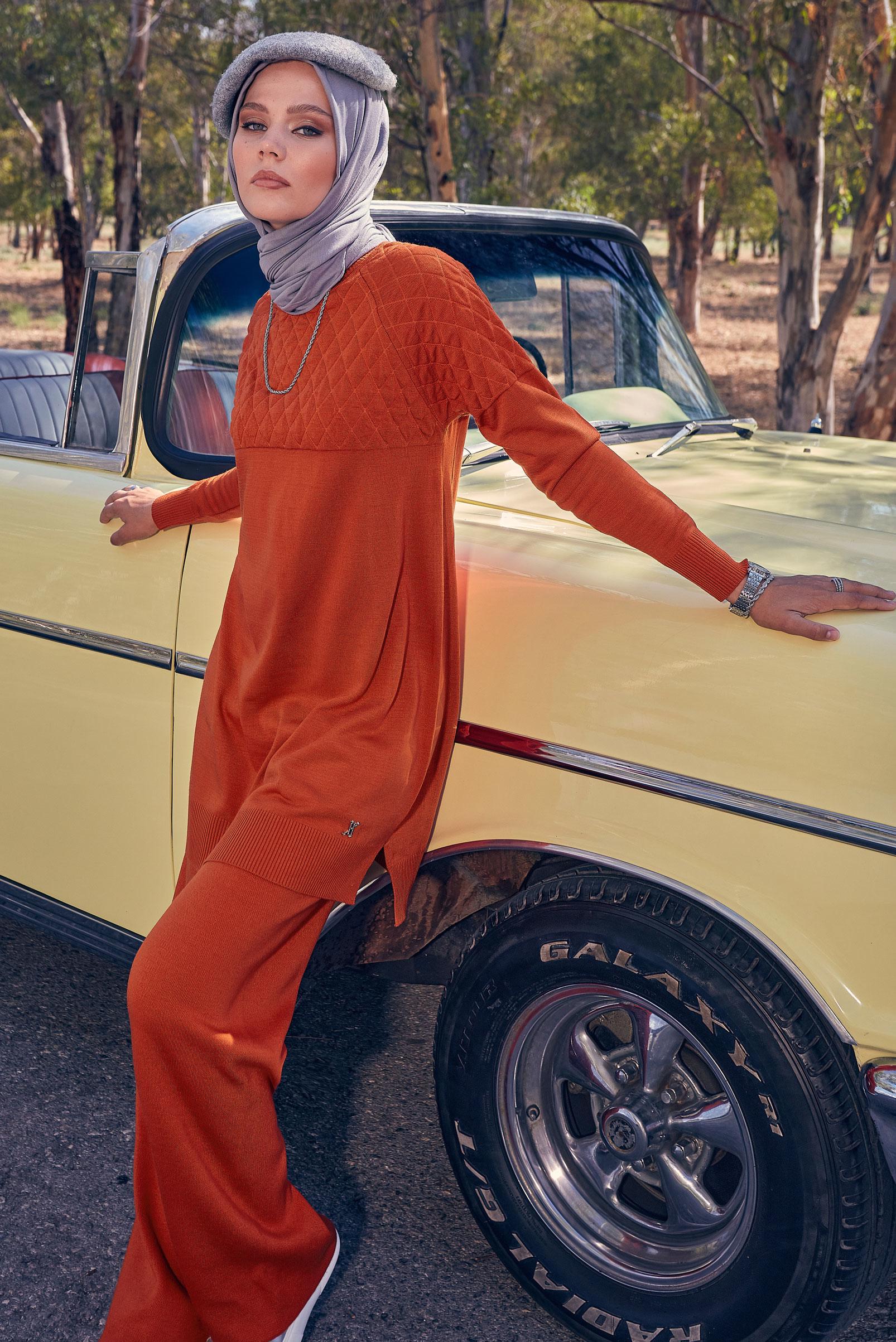 Tesettür giyim TURUNCU PANTOLONLU TRİKO TAKIM 44087