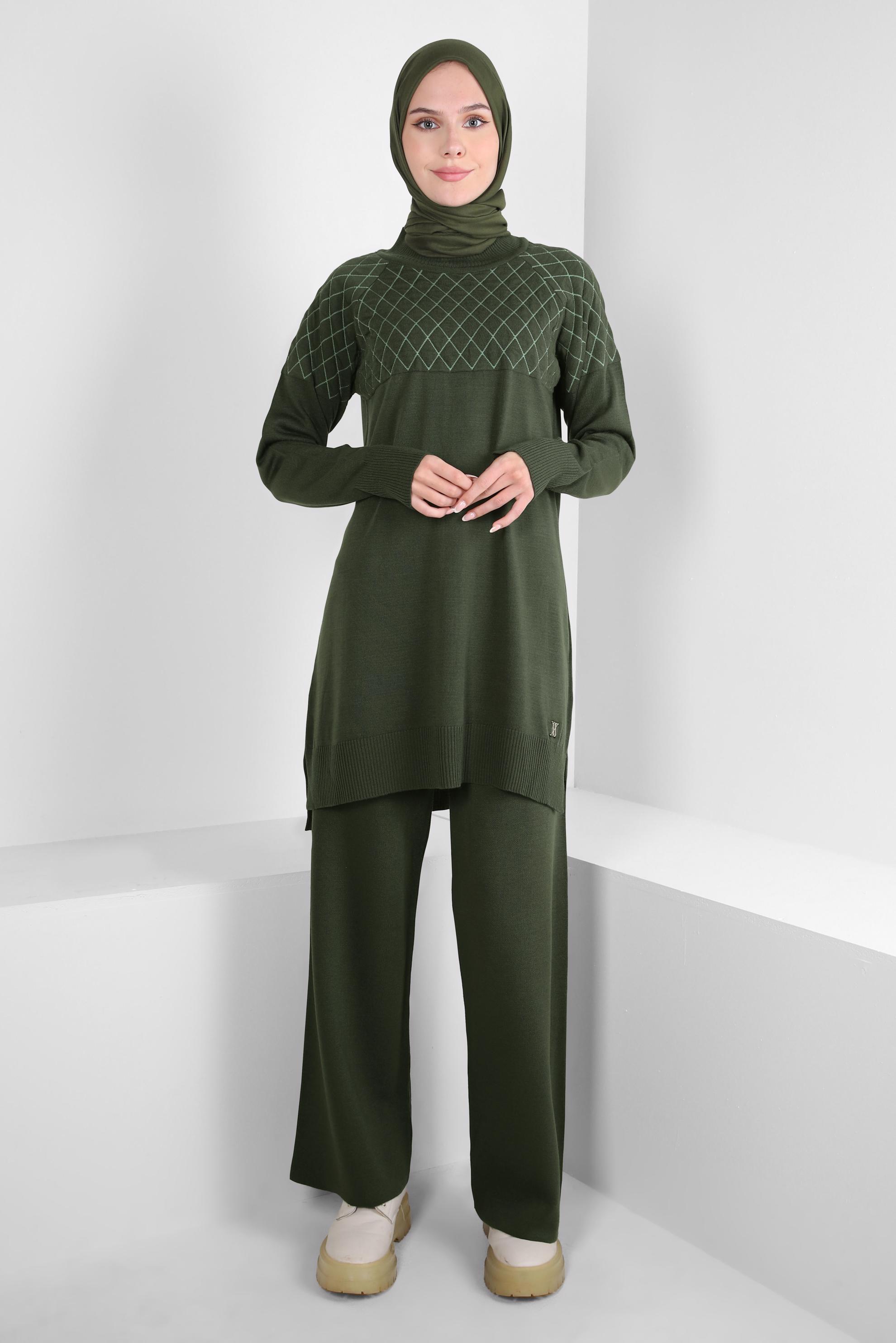 Tesettür giyim HAKİ PANTOLONLU TRİKO TAKIM 44087