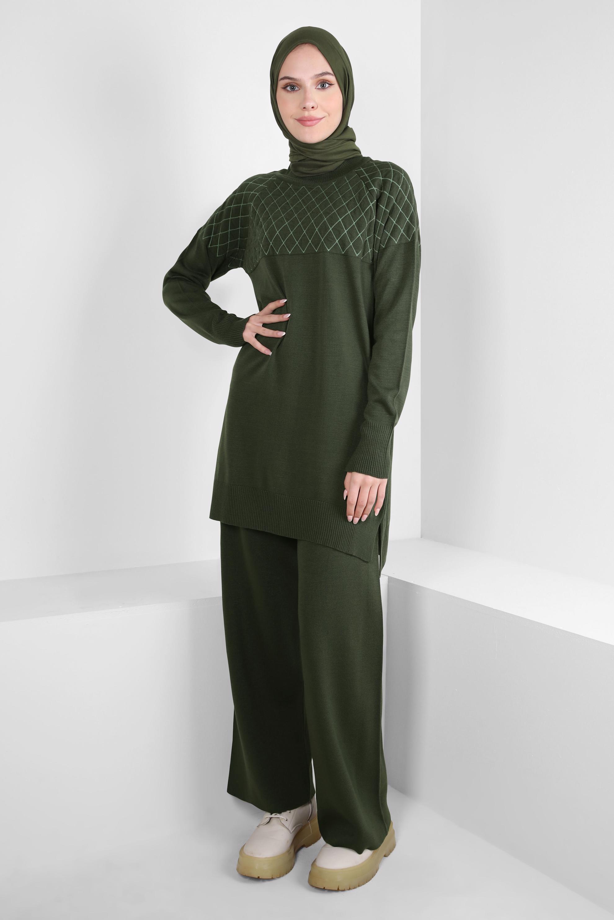 Tesettür giyim HAKİ PANTOLONLU TRİKO TAKIM 44087