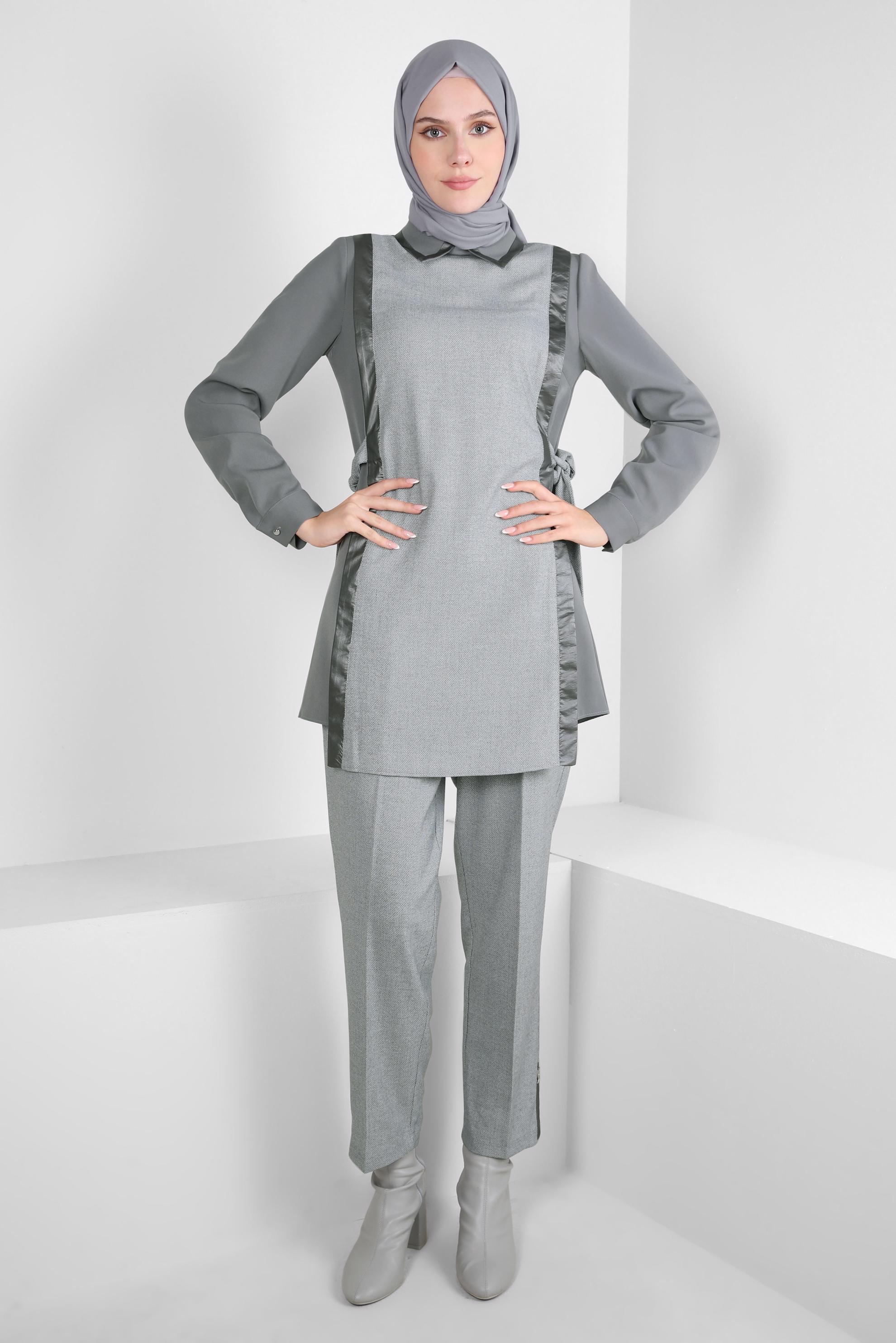 Tesettür giyim GRİ YELEKLİ PANTOLON TAKIM 44137