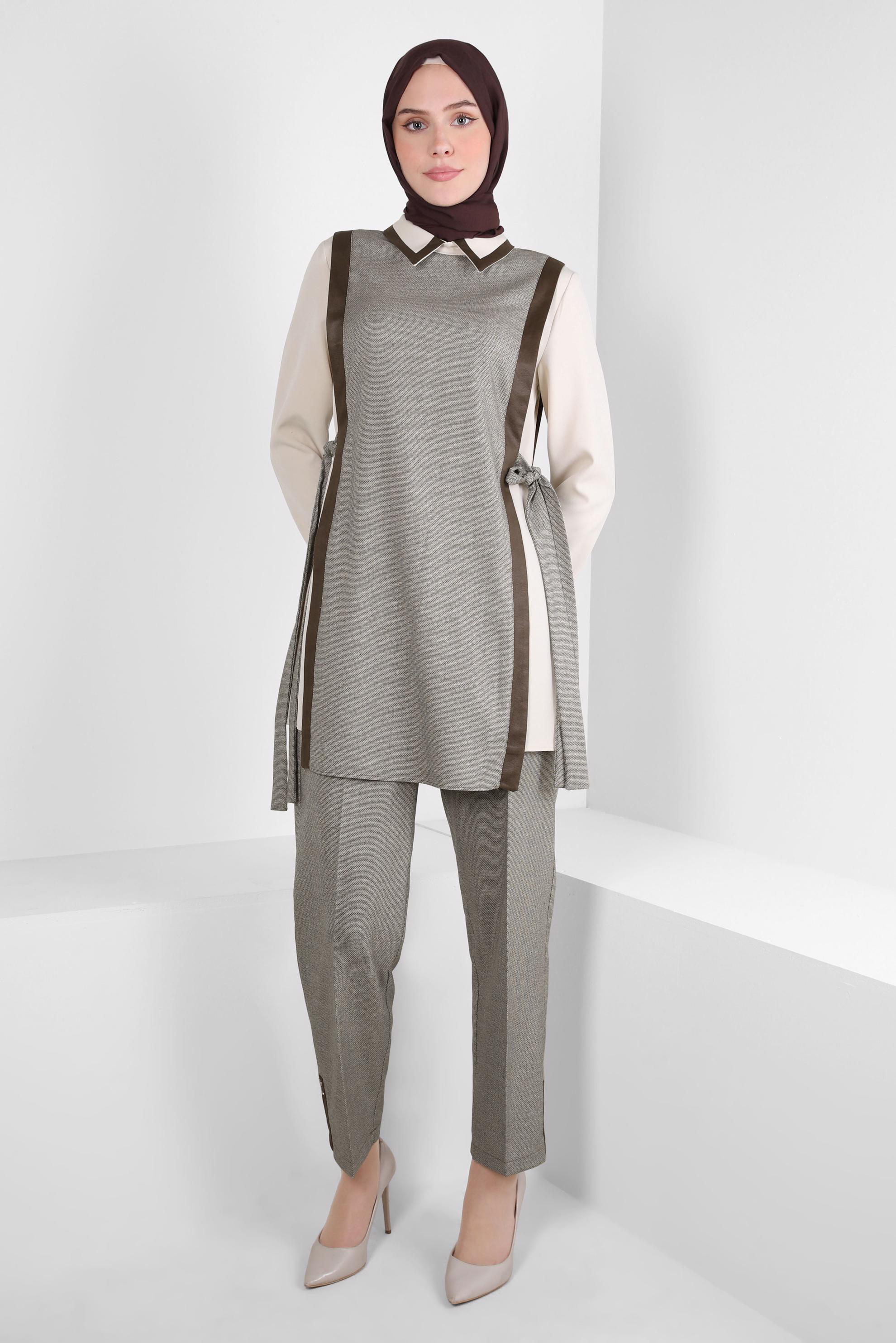 Tesettür giyim KAHVE YELEKLİ PANTOLON TAKIM 44137