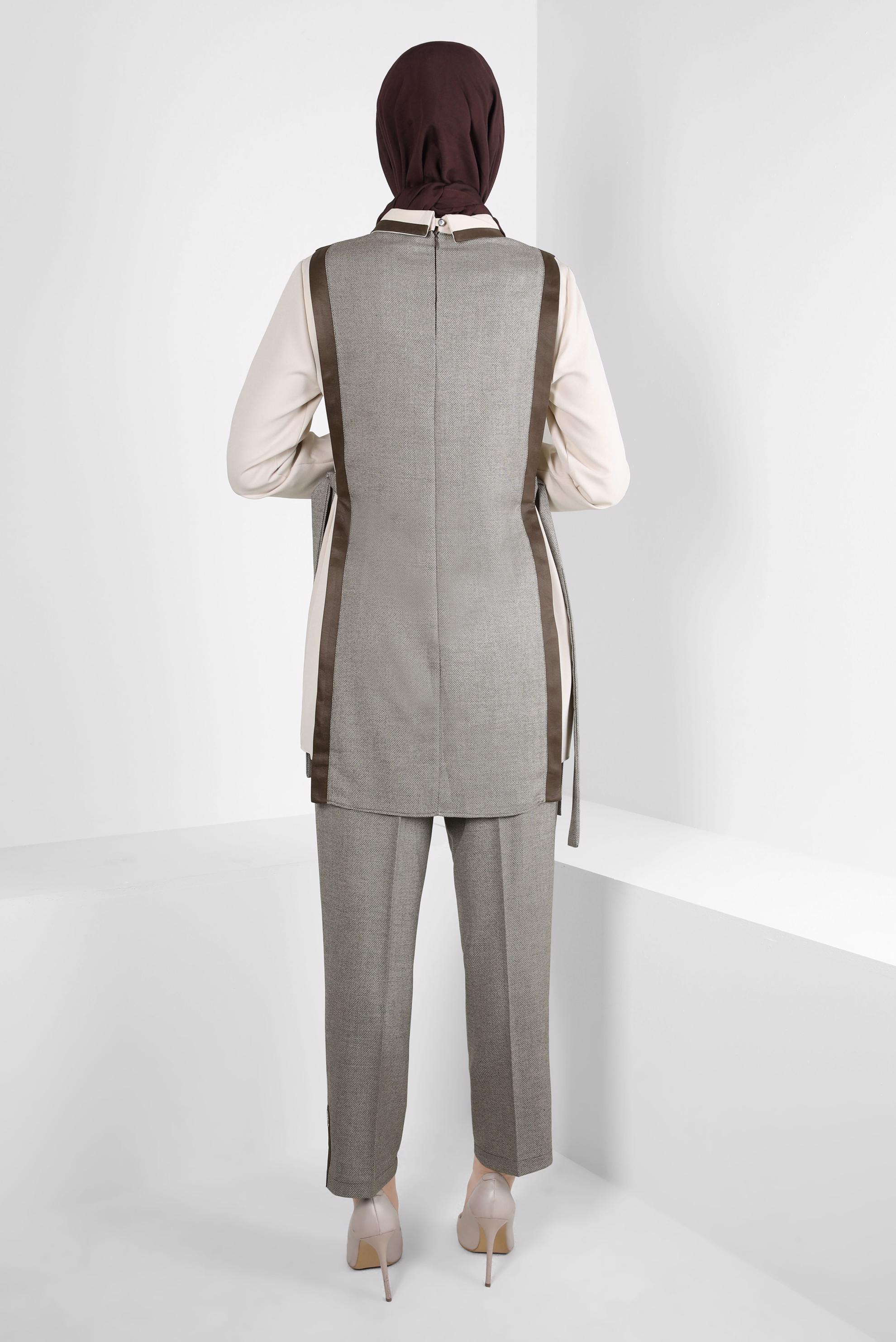 Tesettür giyim KAHVE YELEKLİ PANTOLON TAKIM 44137