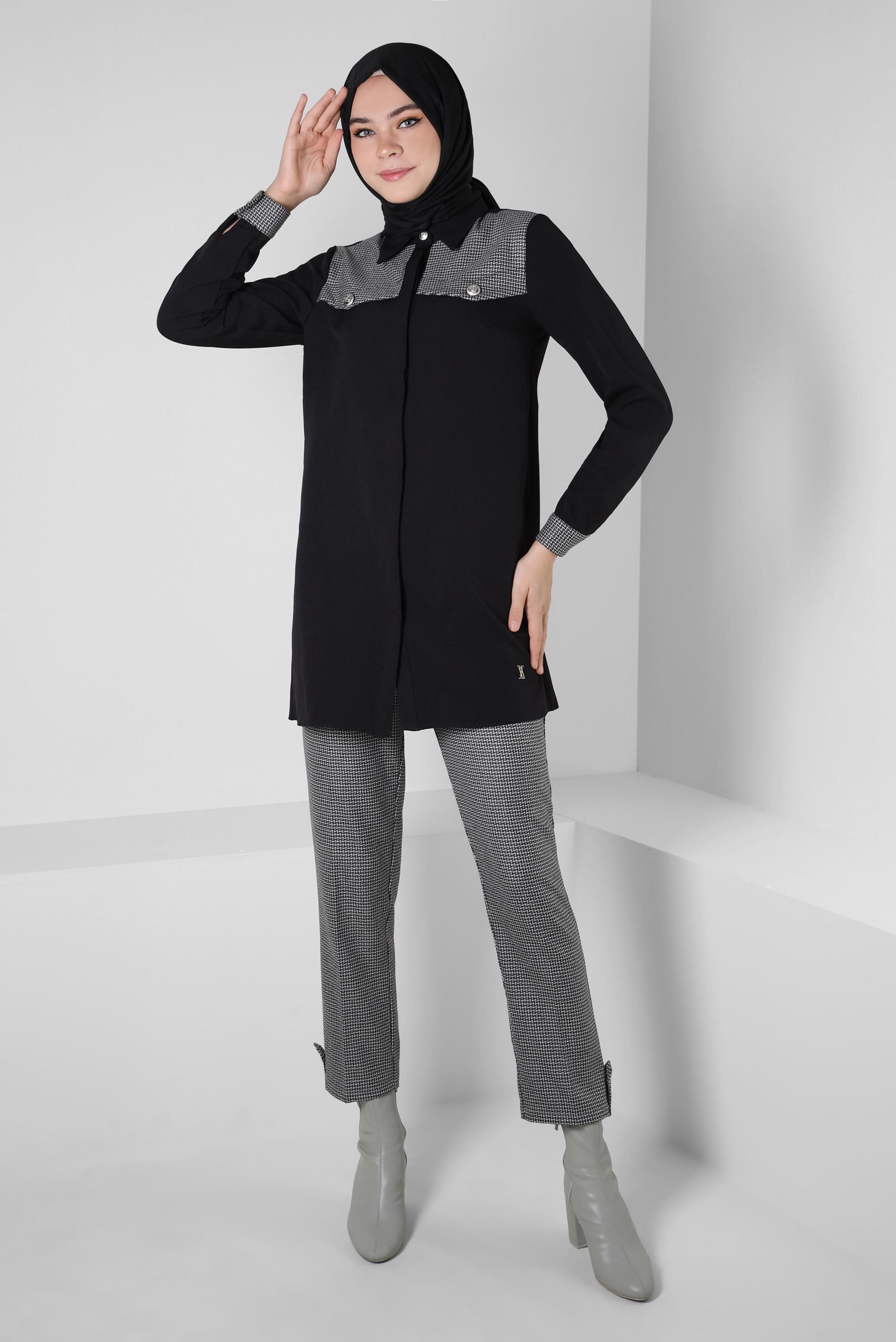 Tesettür giyim SİYAH DESENLİ PANTOLONLU TAKIM 44139