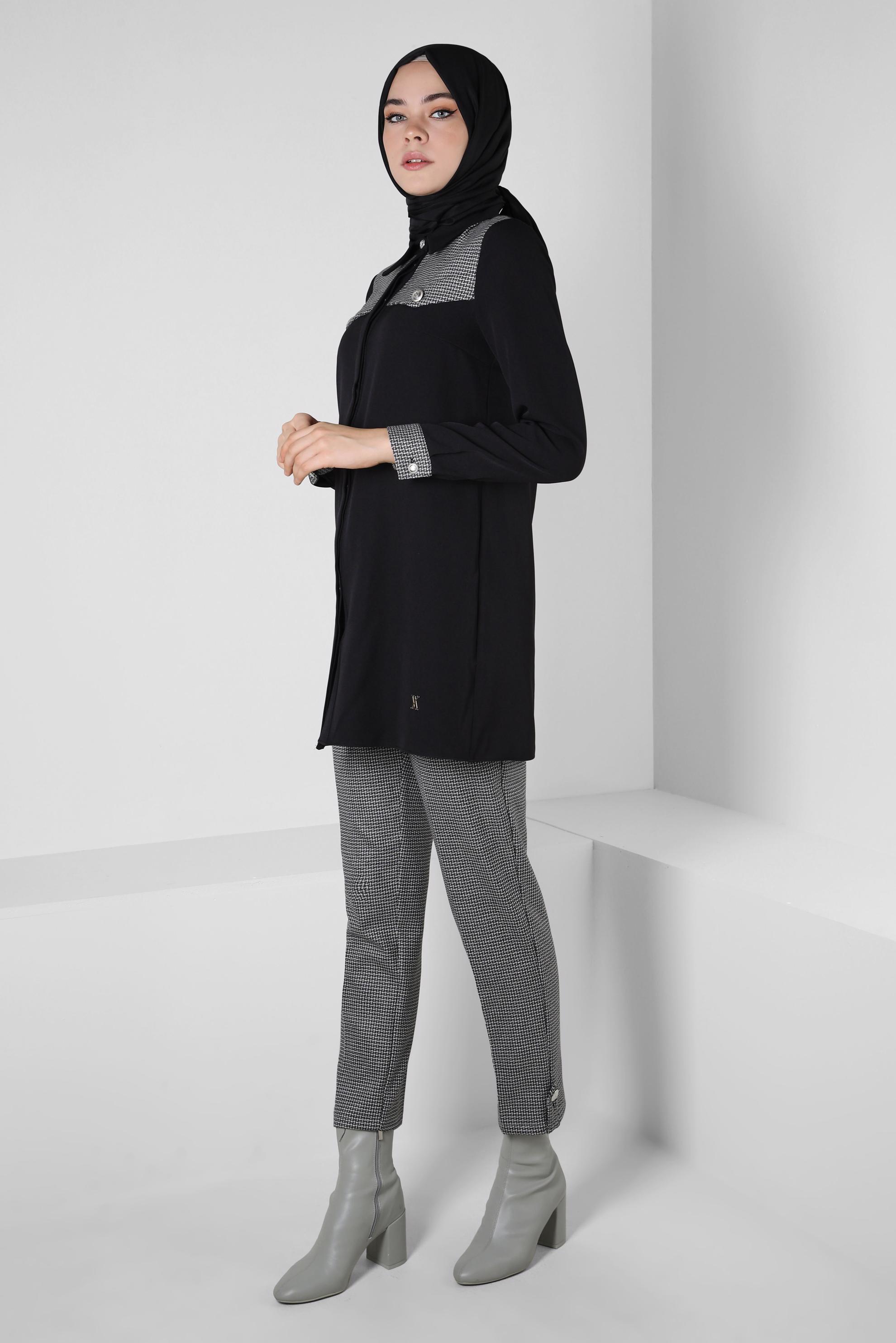 Tesettür giyim SİYAH DESENLİ PANTOLONLU TAKIM 44139
